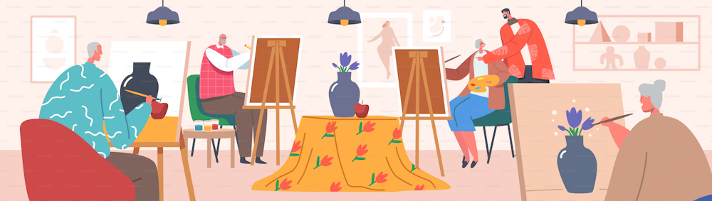 Elderly Male and Female Characters Learn Drawing in Art Studio Class. Old Men and Women Sitting at Easel Create Pictures with Support of Teacher in Workshop. Cartoon People Vector Illustration