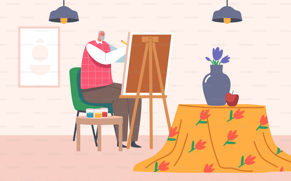Aged People Hobby, Senior Man Artist Creative Occupation, Old Male Painter Character Hold Paintbrush in Hand in Front of Canvas on Easel Drawing with Paints in Art Studio. Cartoon Vector Illustration
