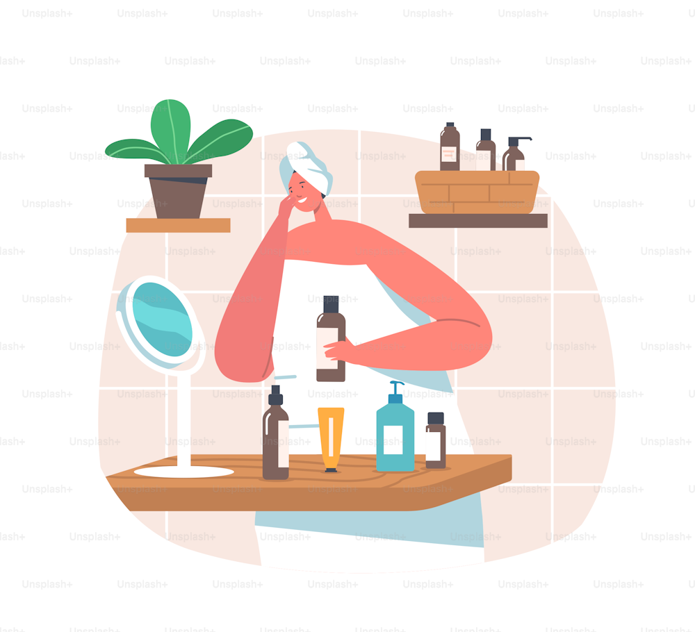 Woman Apply Natural Mineral Cosmetics and Mask. Female Character with Cosmetic Jars and Bottles Apply Moisturizing Spa Baths Hygiene Procedure, Body and Face Care Concept. Cartoon Vector Illustration