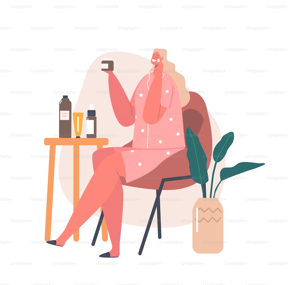 Body and Face Care Concept. Young Woman Apply Cosmetics Mask. Female Character with Cosmetic Jars and Bottles on Table Apply Moisturizing Spa Hygiene Routine Procedure. Cartoon Vector Illustration
