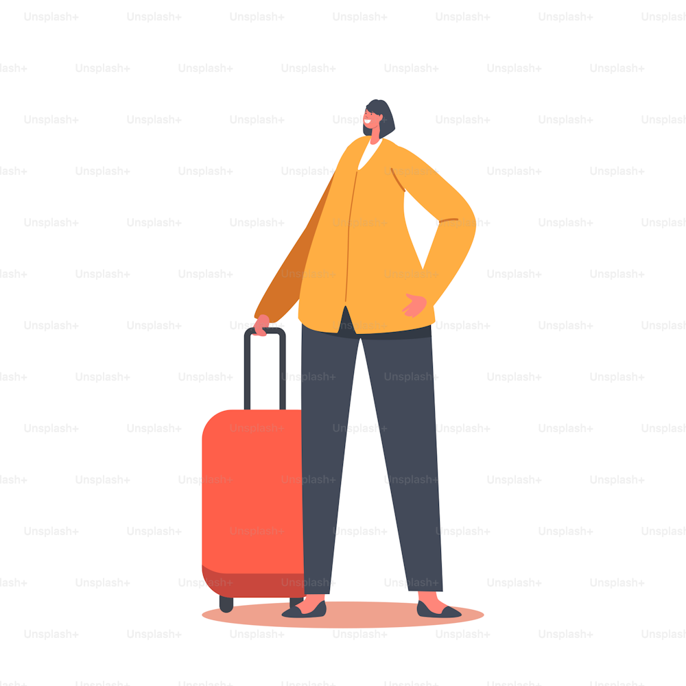 Viaje de negocios, concepto de viaje. Mujer con maleta espera registro en el aeropuerto. Personaje Turístico Femenino con Embarque de Equipaje en Avión, Chica Viajera, Pasajera. Ilustración vectorial de dibujos animados