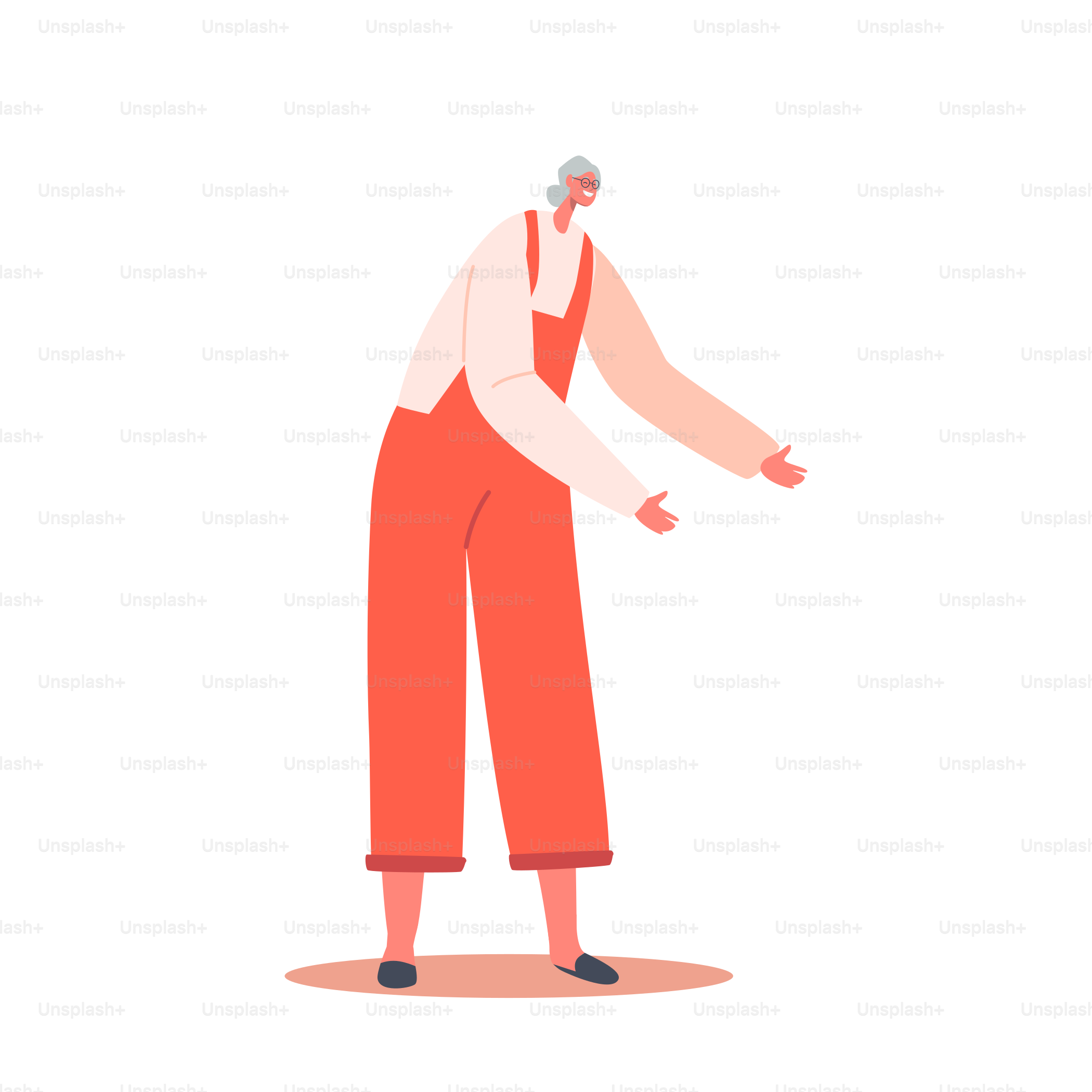 Single Senior Female Character Wear Red Overalls Isolated on White Background. Mature Positive Woman, Grandmother, Aged Happy Person with Grey Hair and Glasses. Cartoon People Vector Illustration