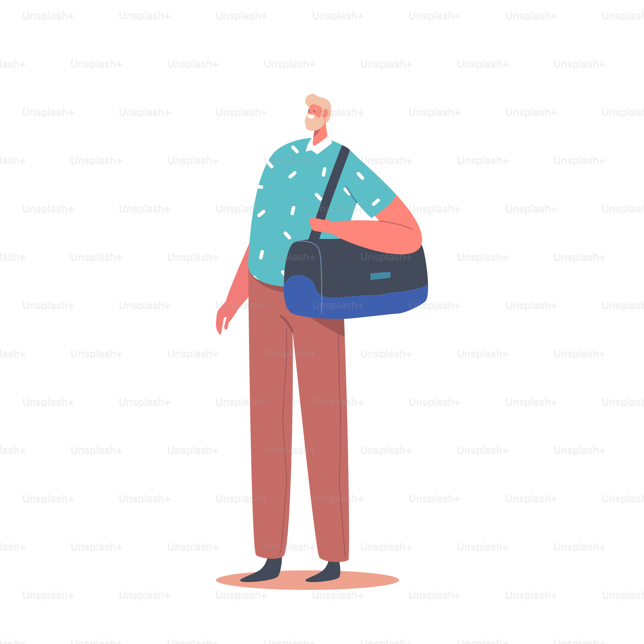Summer Vacation Trip, Mature Male Character Hold Bag in Hands Isolated on White Background, Passenger Waiting Plane Registration or Airplane Boarding in Airport Terminal. Cartoon Vector Illustration