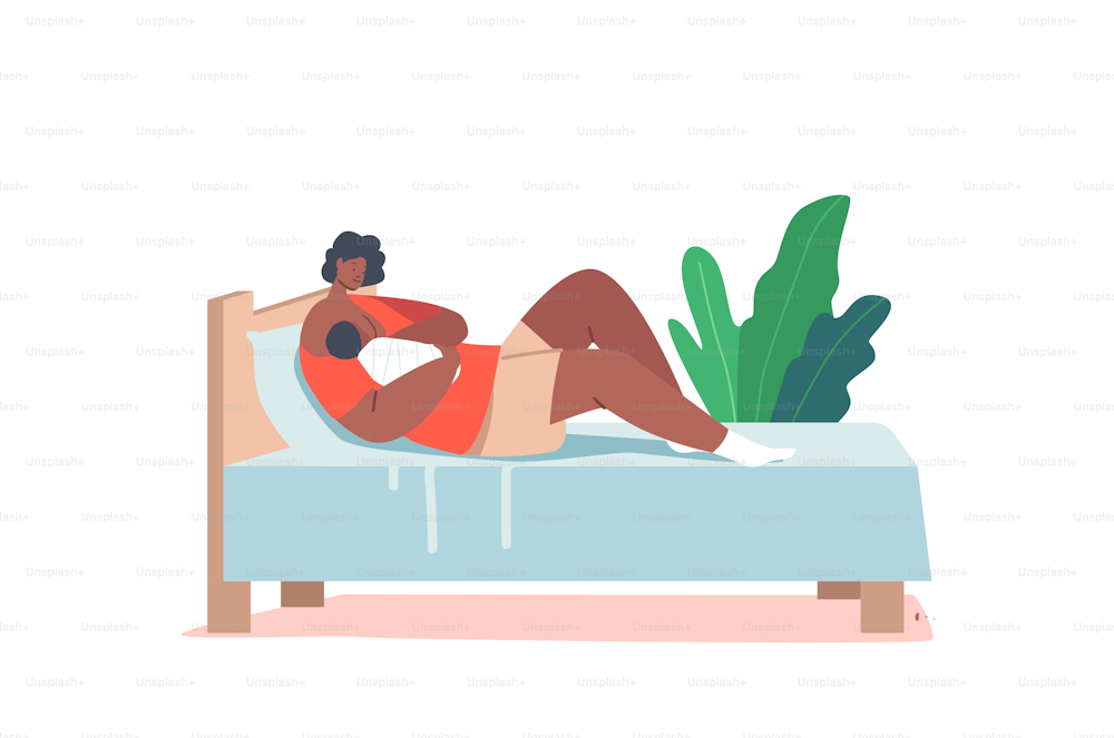 Breastfeeding Concept, African Female Character Lying on Bed Feeding Baby with Breast, Healthy Natural Nutrition for Newborn Child, Infant Care, Maternity Lactation. Cartoon People Vector Illustration