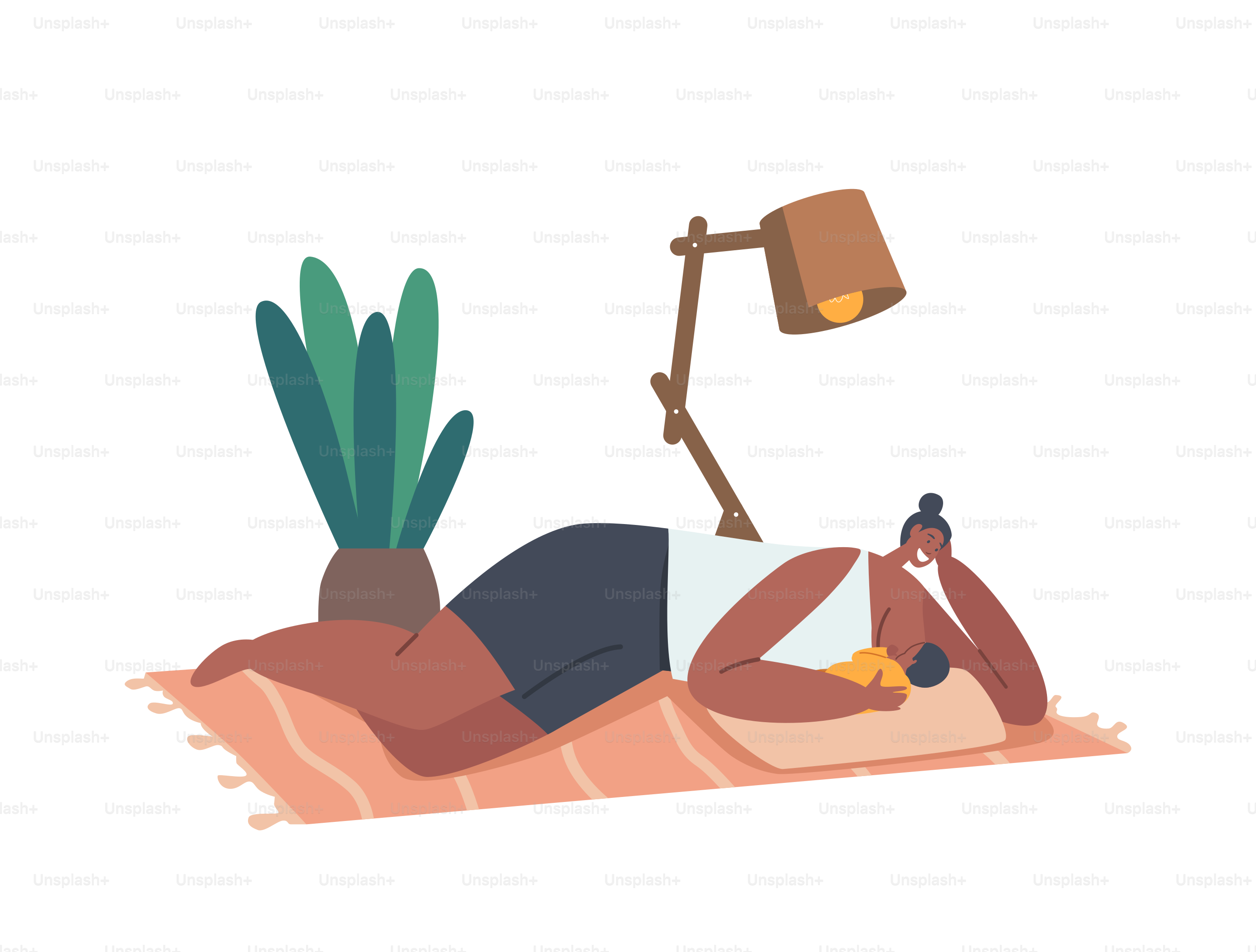 Breastfeeding, Lactation, Maternity Concept, Young Happy Female Character Feeding Baby with Breast Lying on Floor, Healthy Natural Nutrition for Newborn Child . Cartoon People Vector Illustration