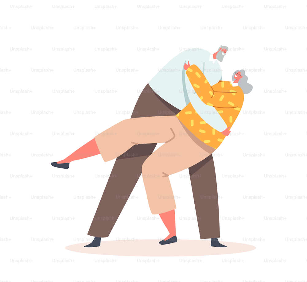 Senior Characters Dance Leisure. Old Cheerful Couple Dancing, Elderly People Active Lifestyle, Aged Man and Woman in Loving Relations Spend Time Together, Dating. Cartoon People Vector Illustration
