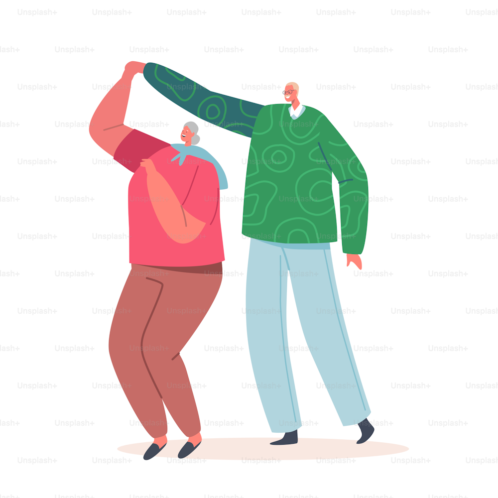 Happy Elderly Male and Female Characters Dance Together. Loving Aged Couple Romantic Relations. Senior Man and Woman Moving Body, Love Feelings, Romance Dating. Cartoon People Vector Illustration