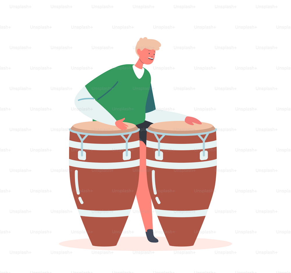 Little Boy Playing African Drums, Percussion Instruments. Talented Artist Perform Popular Composition, Having Fun, Recreation Hobby, Practice in Music School, Talent Show. Cartoon Vector Illustration
