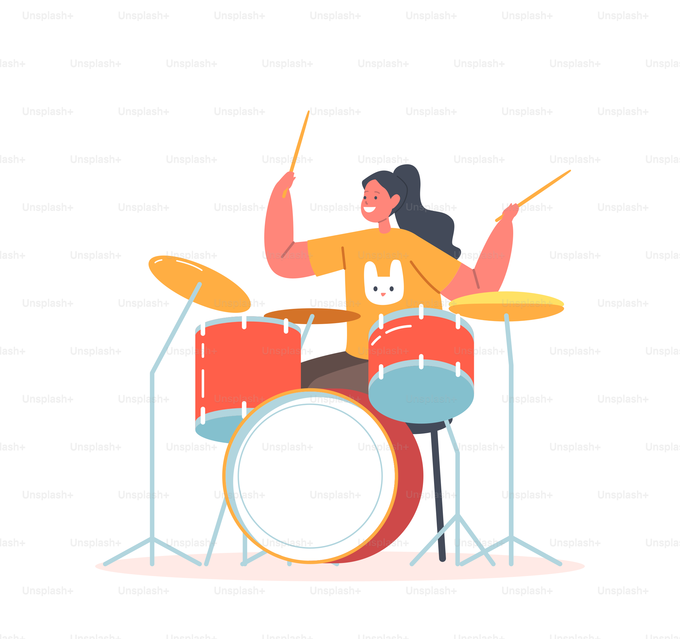 Baterista femenina tocando composición musical, actuación en el escenario o examen, niño participar en el espectáculo de talentos. Talentoso niño artista Drum Kit Player Study en la escuela musical. Ilustración vectorial de dibujos animados