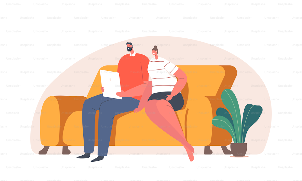 Couplez des personnages masculins et féminins assis sur un canapé avec Tablet Pc Listening Podcast, regardant un film ou un webinaire. Communication en ligne, éducation, contenu multimédia. Illustration vectorielle de personnes de dessins animés