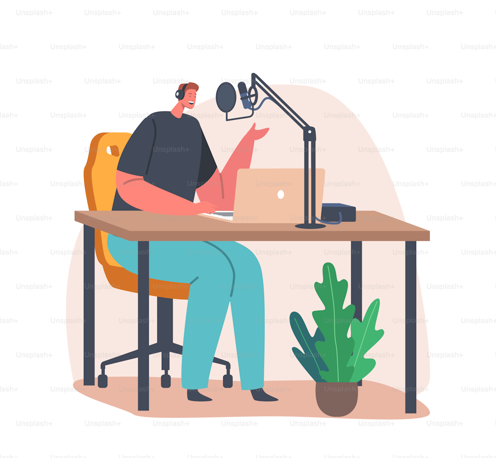 Podcaster Male Character Wear Headphones Speaking in Microphone Sitting at Desk with Laptop in Studio. Multimedia Production, Radio Dj Communicate Online. Cartoon People Vector Illustration