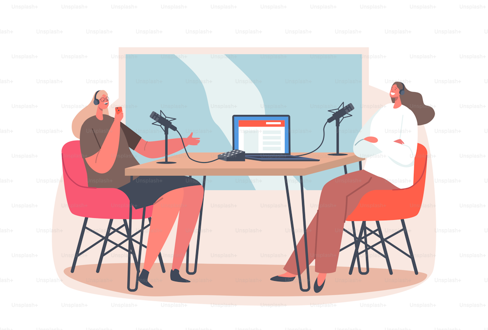 Couple of Female Characters Wear Headphones Sitting in Studio with Microphones and Laptop on Desk Drinking Coffee, Speaking, Record Podcast or Broadcast Radio Show. Cartoon People Vector Illustration