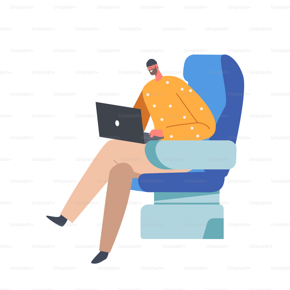 Jovem em trajes casuais senta-se em assento de avião confortável e trabalhando em laptop. Passageiro sentado no avião usando o serviço de transporte aéreo para viajar ou viajar. Ilustração vetorial dos desenhos animados