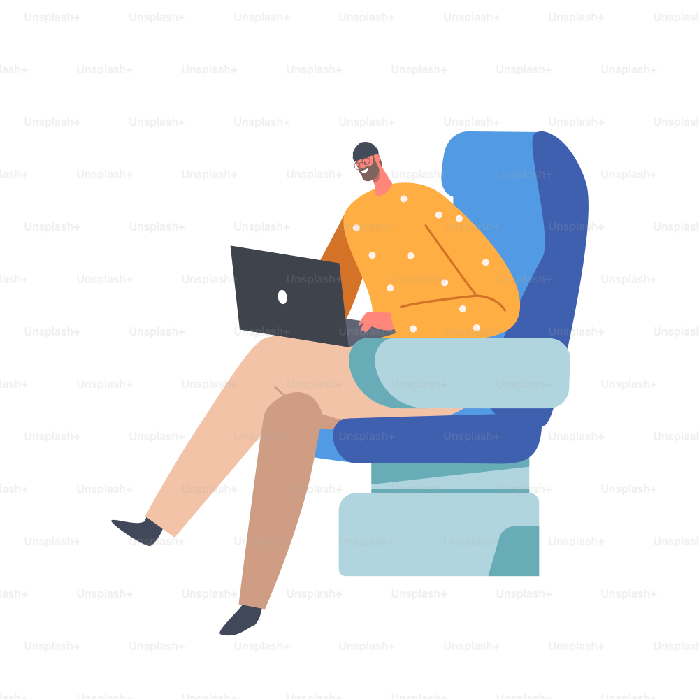 평상복을 입은 젊은 남자는 편안한 비행기 좌석에 앉아 노트북 작업을 하고 있다. 여행 또는 여행을 위해 항공 운송 서비스를 사용하여 비행기에 앉아 있는 승객. 만화 벡터 일러스트레이션