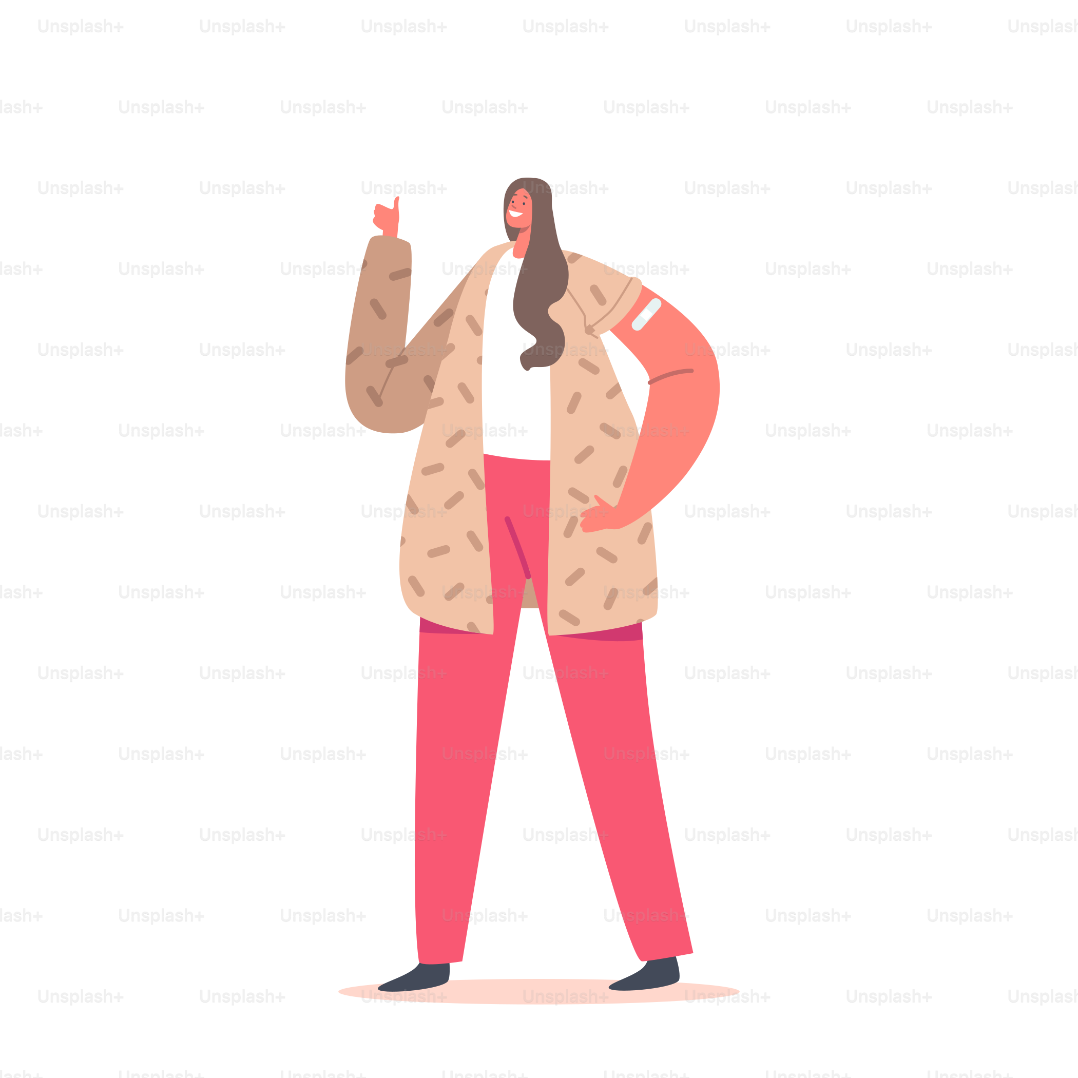 Happy Woman Immunization, Vaccination, Health Care Concept. Young Positive Lady with Patch on Shoulder, Vaccinated Female Character Isolated on White Background. Cartoon People Vector Illustration