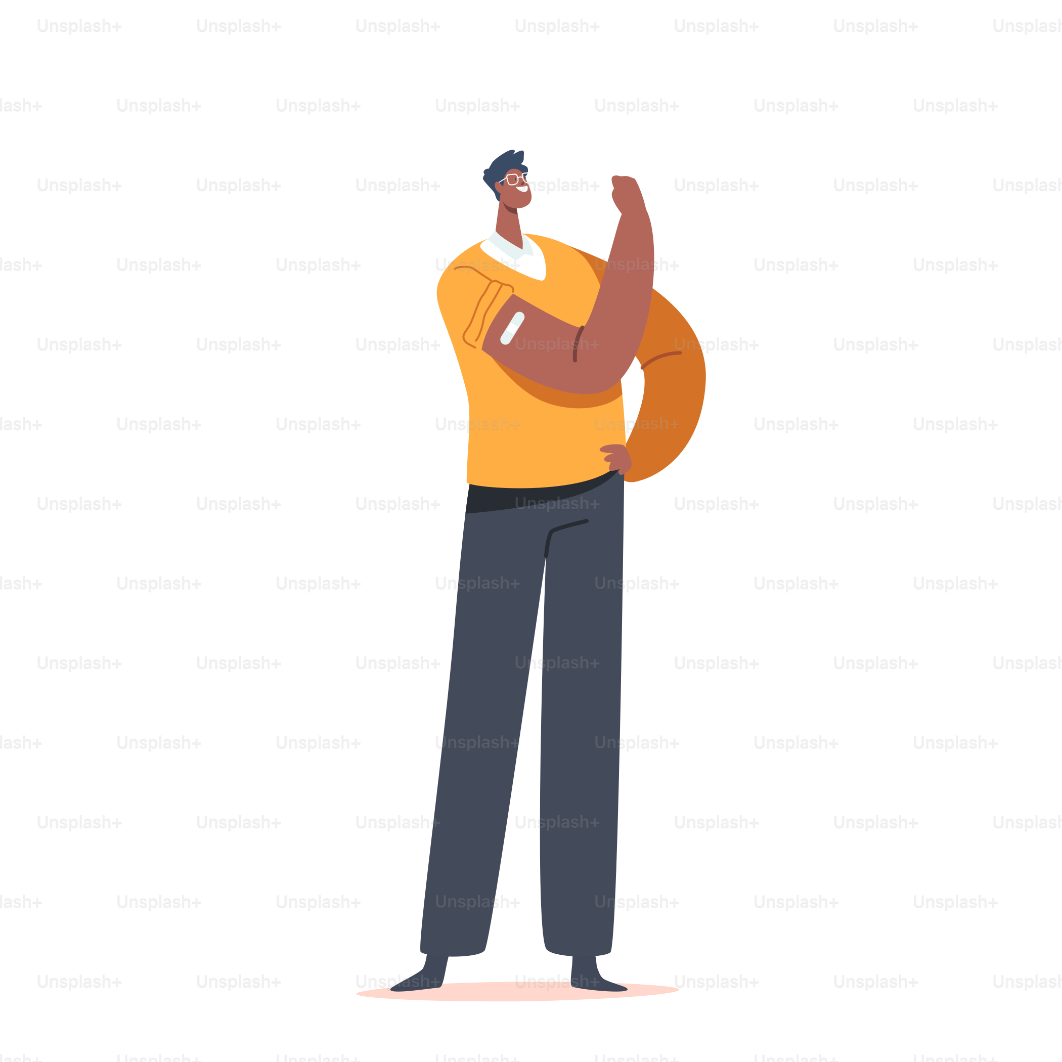 Impfung junger afrikanischer Mann, Gesundheitsversorgung. Geimpfter positiv geimpfter männlicher Charakter zeigt Pflaster auf der Schulter nach Covid-Impfung, isoliert auf weißem Hintergrund. Cartoon People Vektorillustration