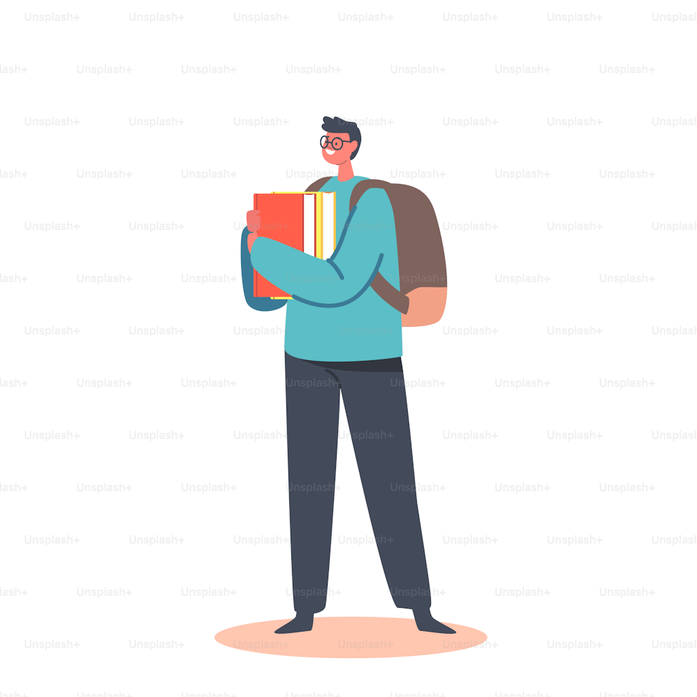 Learning in University or College, Educated Teenager. Young Man Student Character in Glasses with Backpack and Books. Male Character Gaining Education Knowledge Concept. Cartoon Vector Illustration