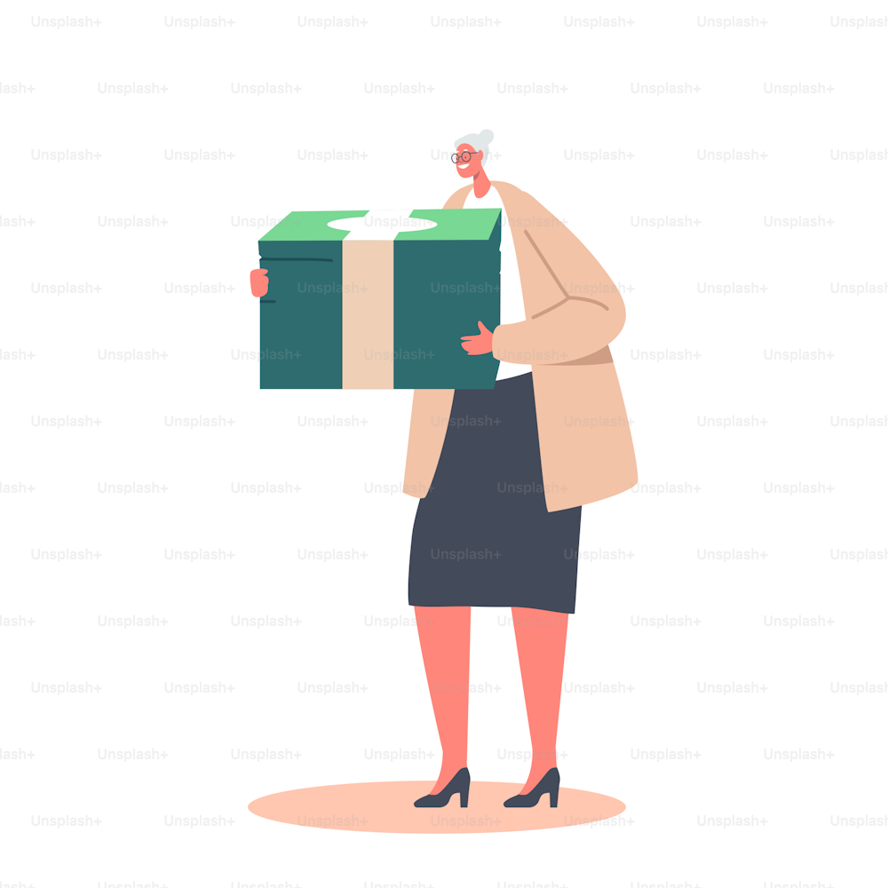 Pension, Wealth and Retirement Concept. Senior Woman with Huge Pile of Banknotes. Investment Growth, Investor with Money, Single Female Character Budget Savings. Cartoon People Vector Illustration