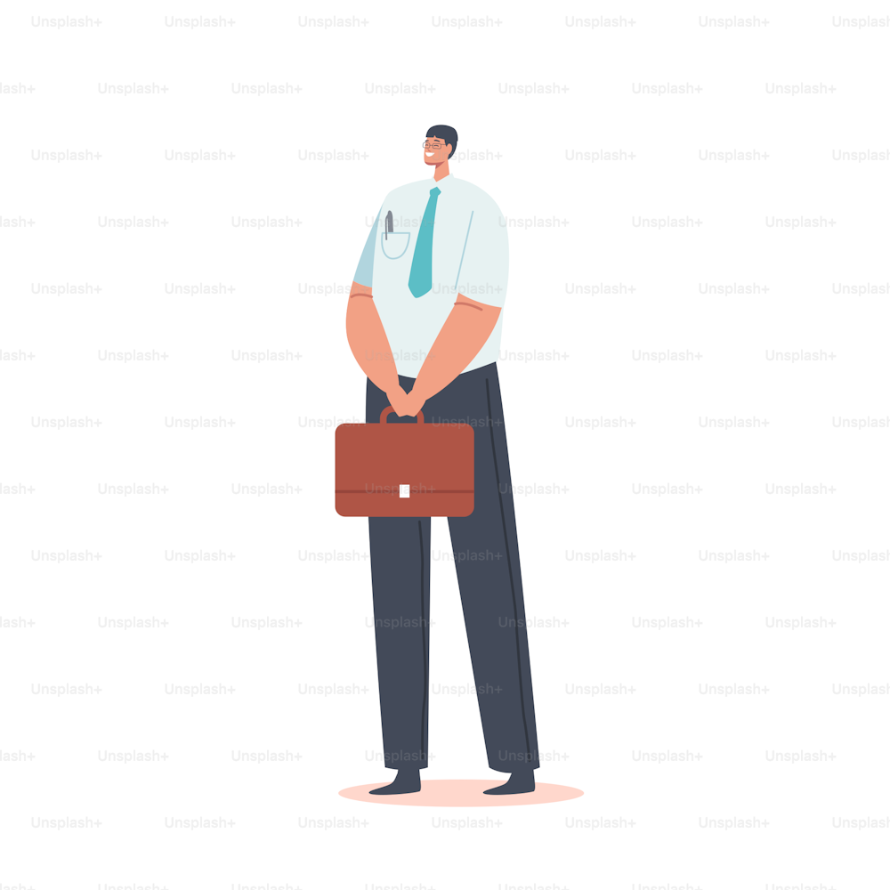 Asian Male Character, Single Man in White Shirt, Tie and Blue Pants with Briefcase in Hands. Businessman or Manager in Formal Clothes Isolated on White Background. Cartoon People Vector Illustration