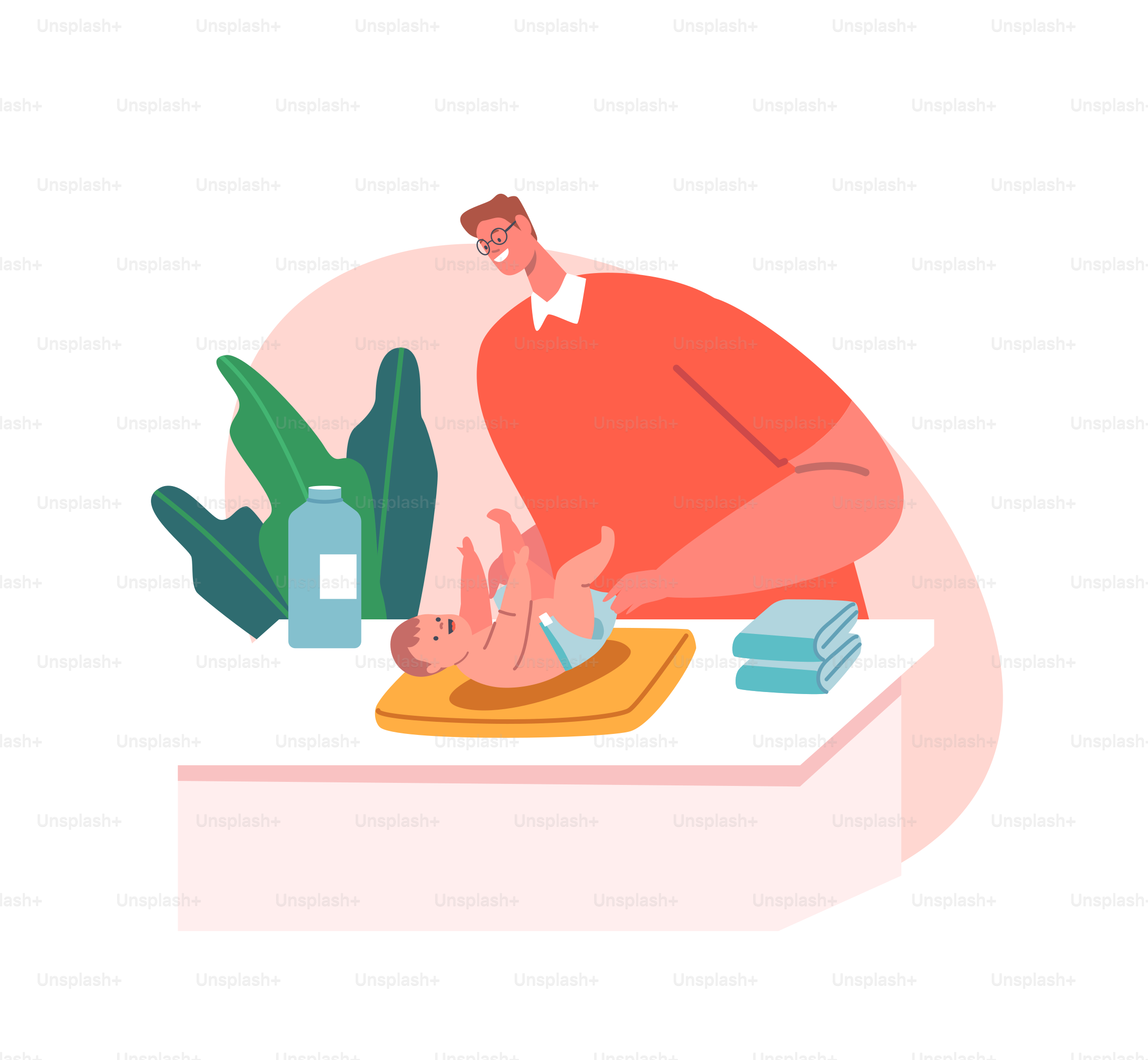 Loving Father Changing Diapers to Cute Newborn Child. Father on Maternity Leave Care of Daughter or Son, Male Character Parenting Duties, Childcare Concept. Cartoon People Vector Illustration