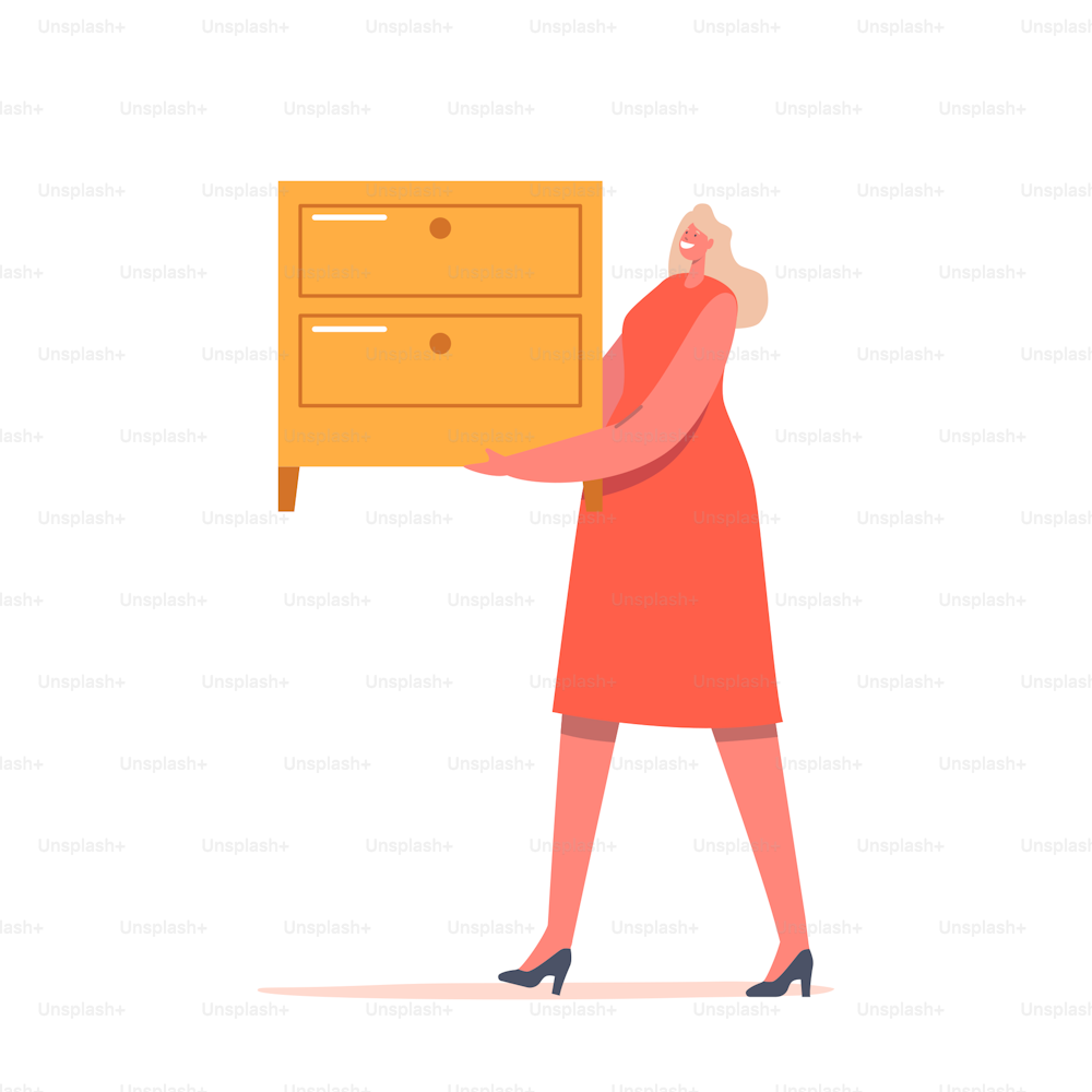 Female Character Carry Wooden Dresser Isolated on White Background. Graphic Designer or Furniture Store Promoter, Saleswoman Presenting Home Stuff and Furnishing. Cartoon People Vector Illustration