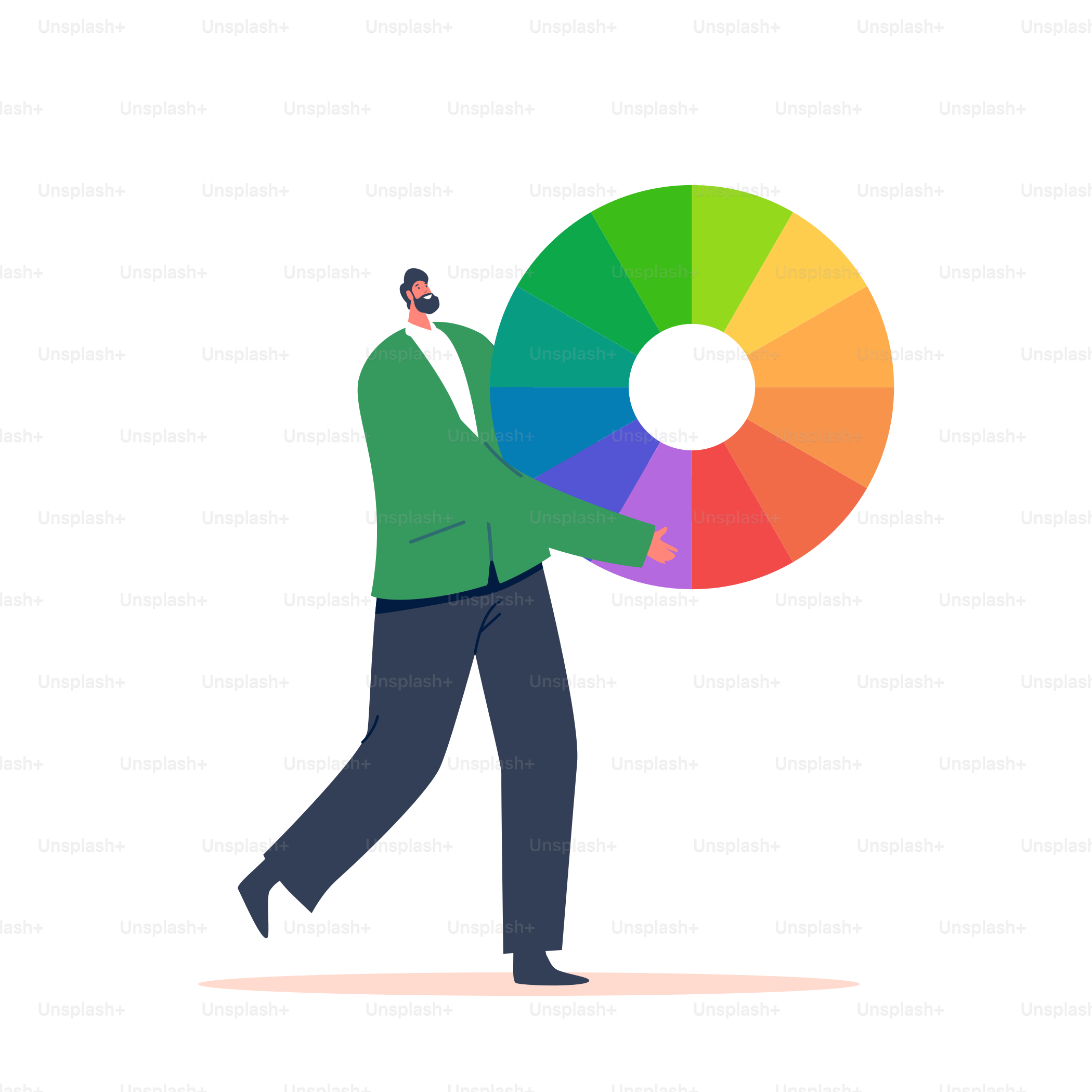 Designer profissional Personagem masculino Escolha cores e tonalidades da roda de paletas de cores para projetos de design, design de interiores residenciais, reformação, pintura, tipografia. Ilustração vetorial de Cartoon People