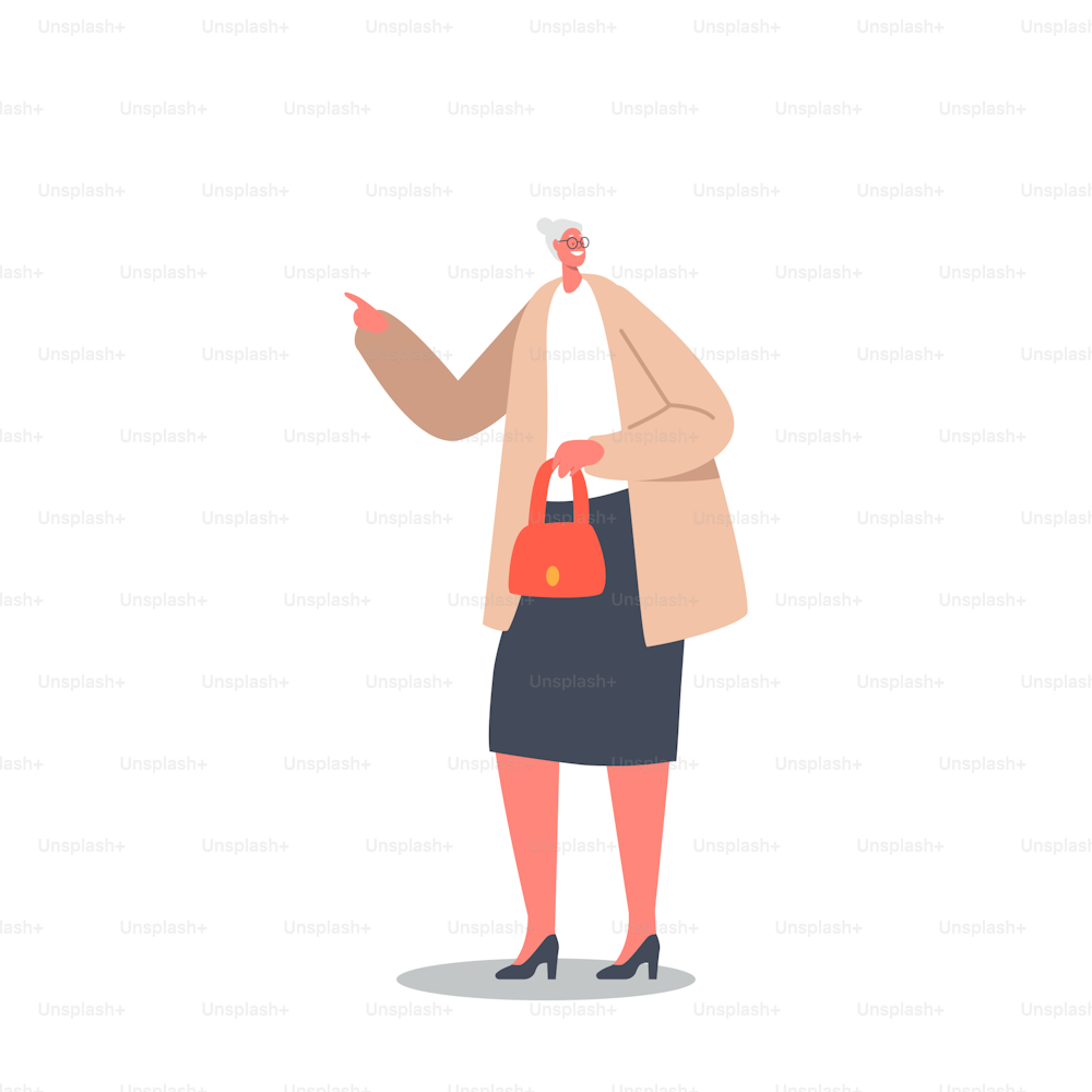 한 명의 시니어 여성 캐릭터는 니트 재킷을 입고 흰색 배경에 고립된 빨간 핸드백을 들고 있다. 성숙한 긍정적인 여자, 할머니, 웃는 얼굴을 가진 행복한 사람. 만화 사람들 벡터 일러스트레이션