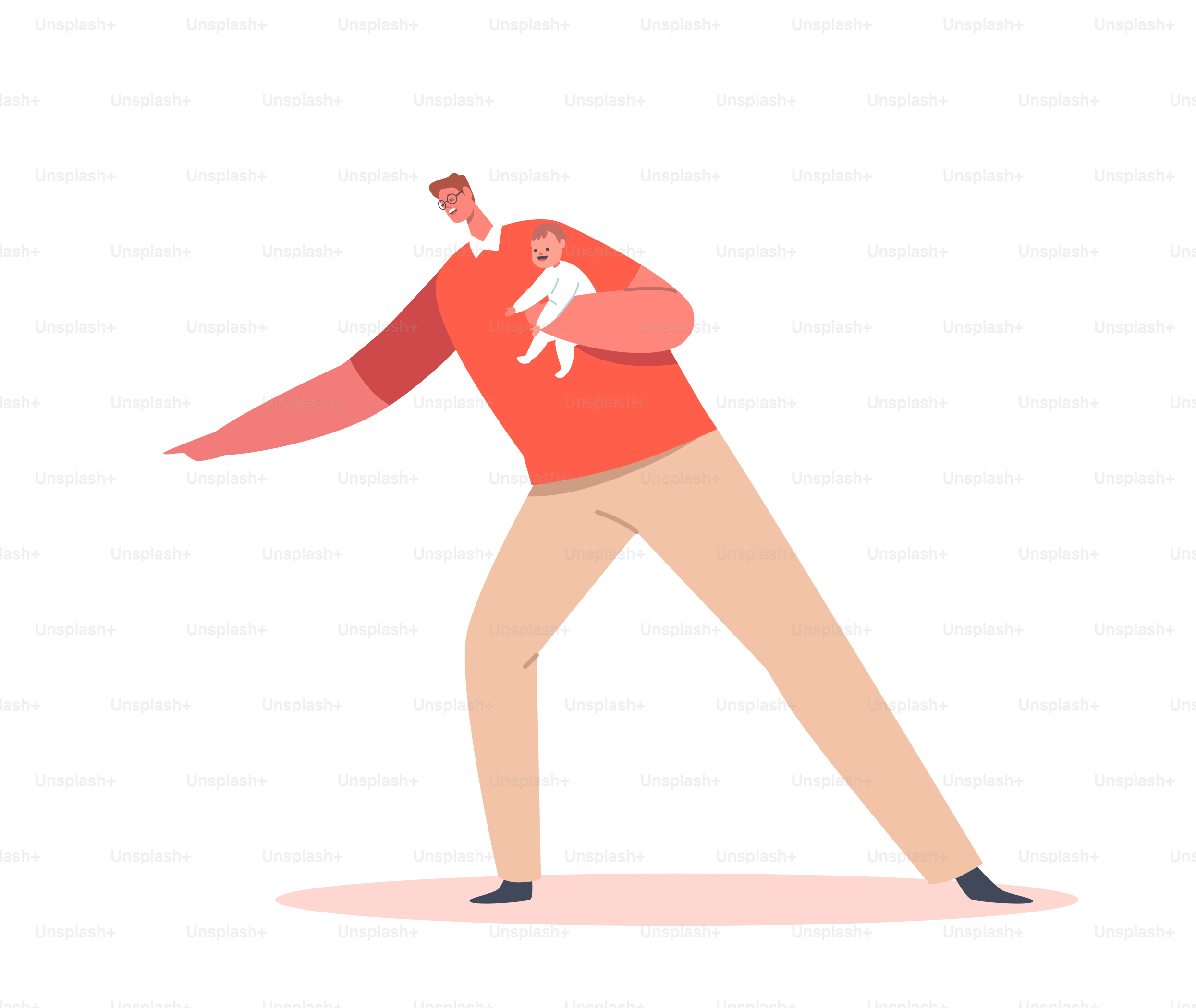 Happy Father Character Holding Newborn Infant on Hands, Play and Fun with Daughter or Son. Parenthood, Childhood, Father on Maternity Leave. Dad Playing with Child. Cartoon People Vector Illustration