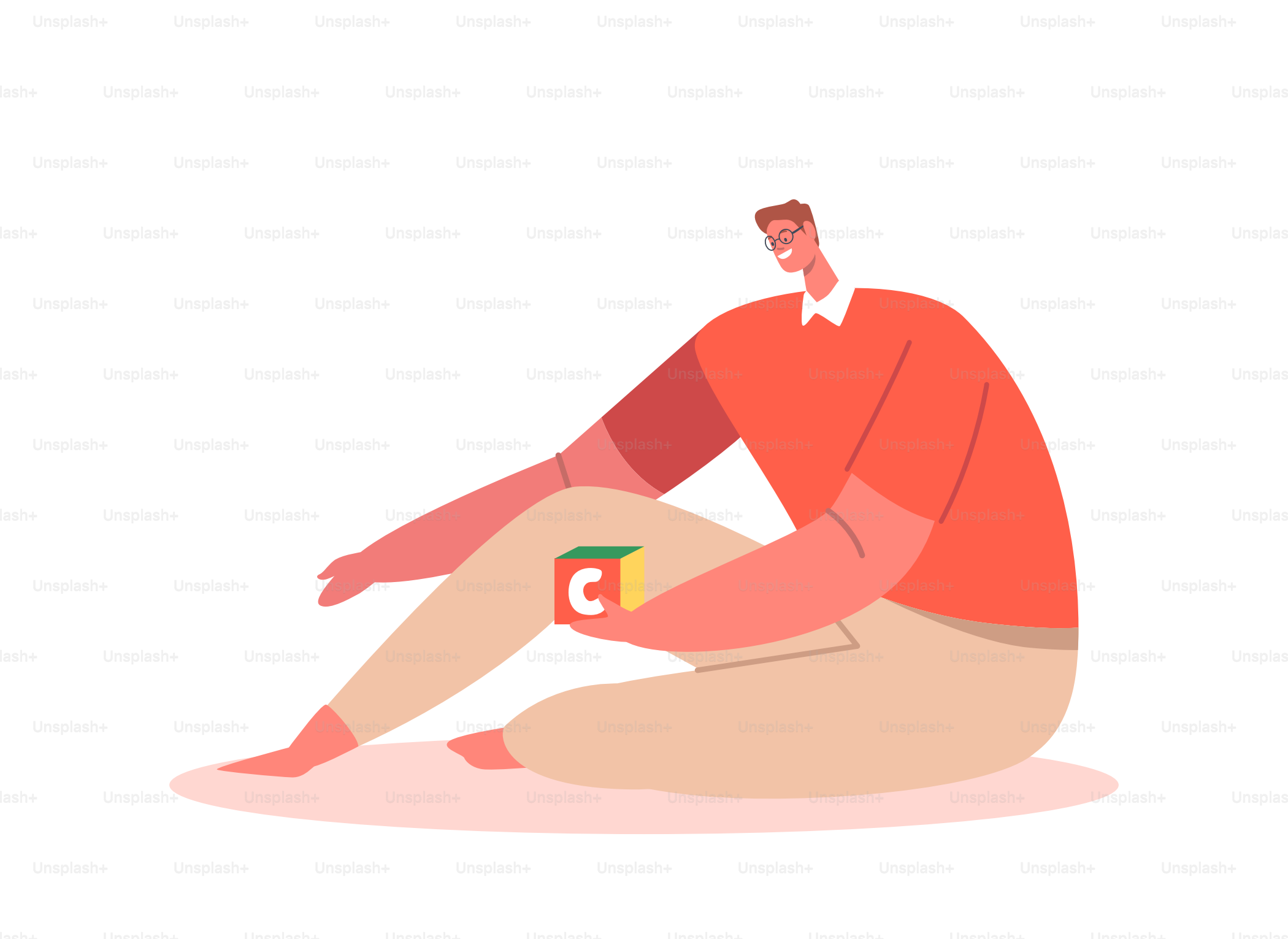 Male Character Sitting on Floor with Toy Cube Block in Hands, Father Playing with Child. Man with Baby Toys, Dad on Maternity Leave Isolated on White Background. Cartoon People Vector Illustration