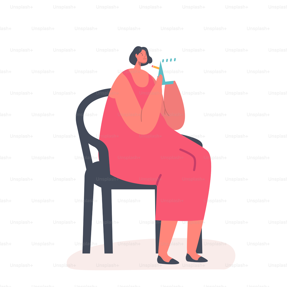 Pregnant Mother Writing Notes during Prenatal Classes. Psychological Help, Support or Pregnancy Assistance. Young Female Character with Big Belly Sitting on Chair. Cartoon Vector Illustration