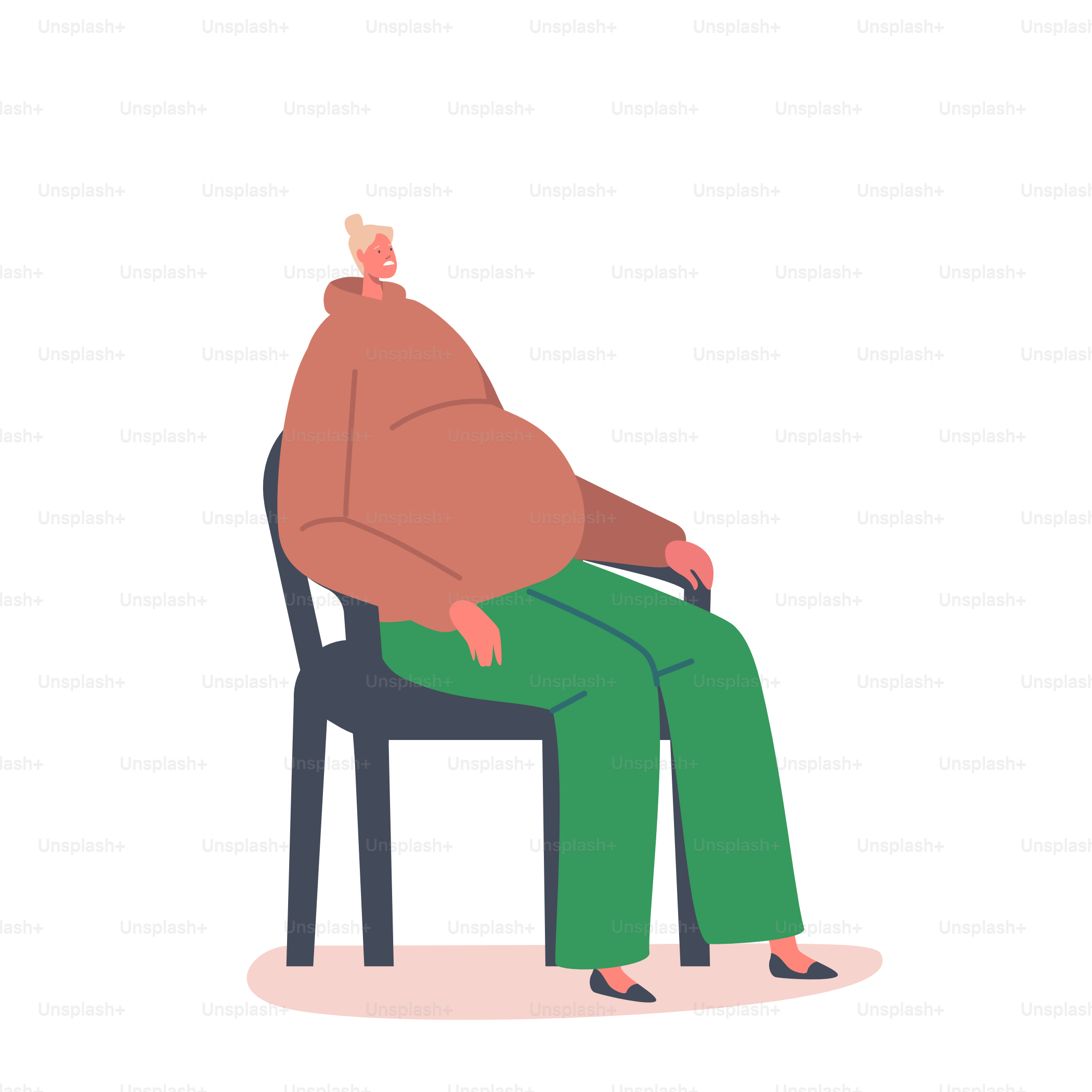 La joven madre necesita ayuda psicológica, apoyo o asistencia durante el embarazo. Personaje femenino triste embarazada con barriga grande sentada en una silla con cara triste. Dudas de mujeres ansiosas. Ilustración vectorial de dibujos animados