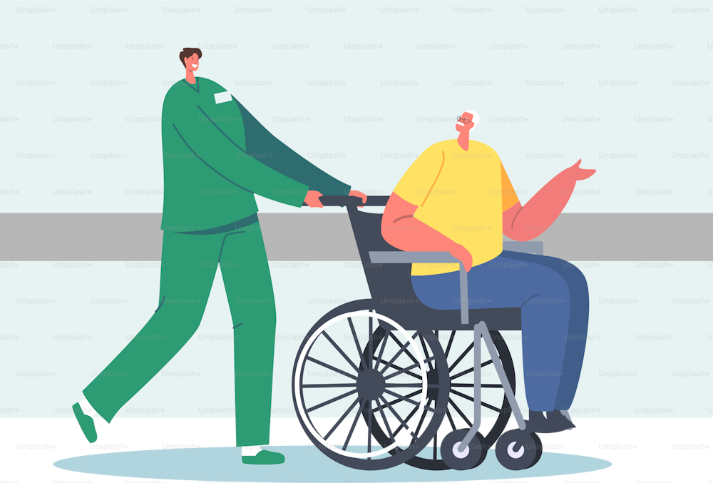 Medic Help Old Disabled People in Nursing Home or Clinic. Young Nurse Social Worker Care of Sick Senior Man Sitting on Wheelchair, Skilled Healthcare Medical Aid. Character Cartoon Vector Illustration