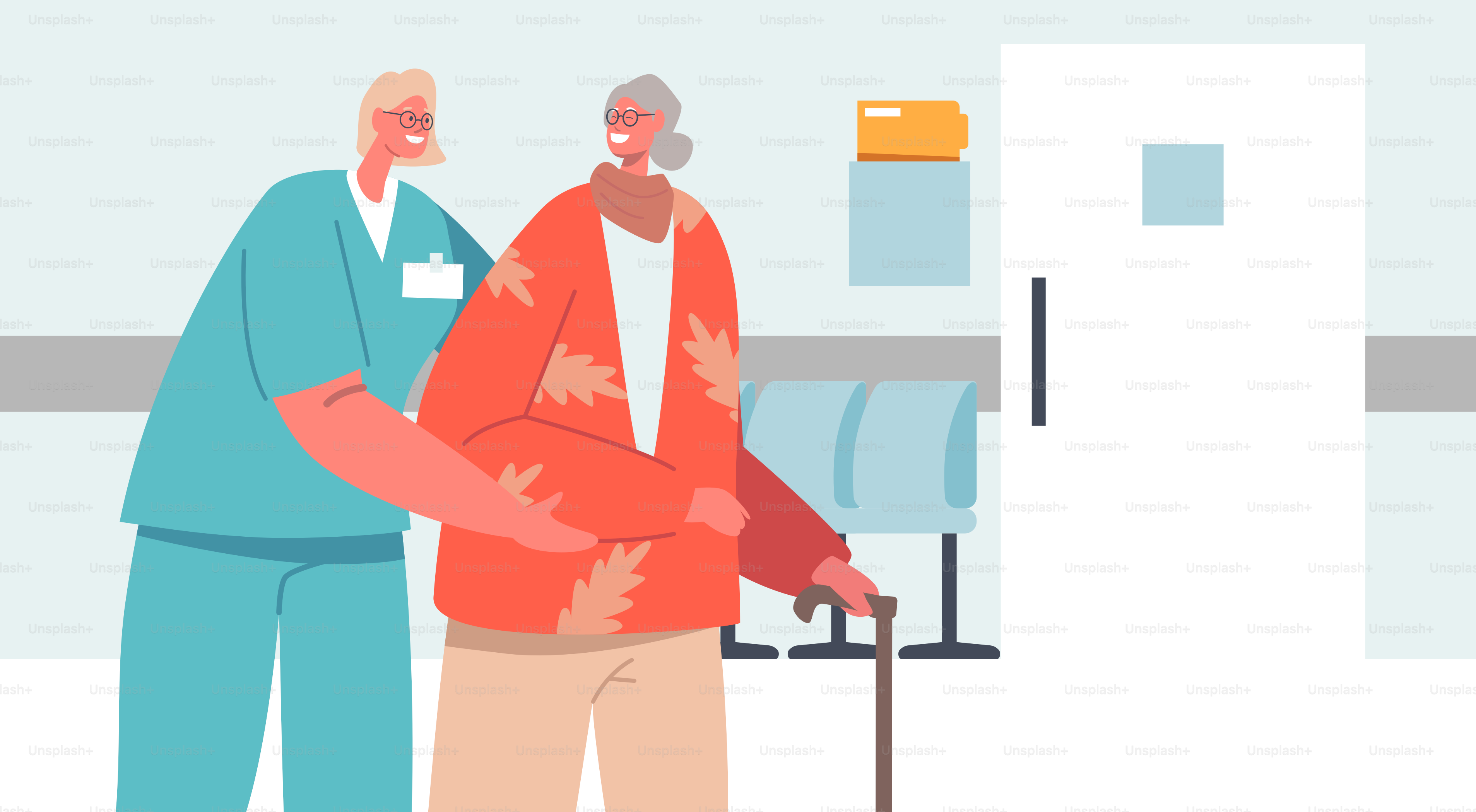 Healthcare, Medical Aid and Care of Elderly People Concept. Young Nurse or Volunteer Help to Old Woman with Cane to Walk in Clinic Hall. Social Worker Care of Sick Senior. Cartoon Vector Illustration
