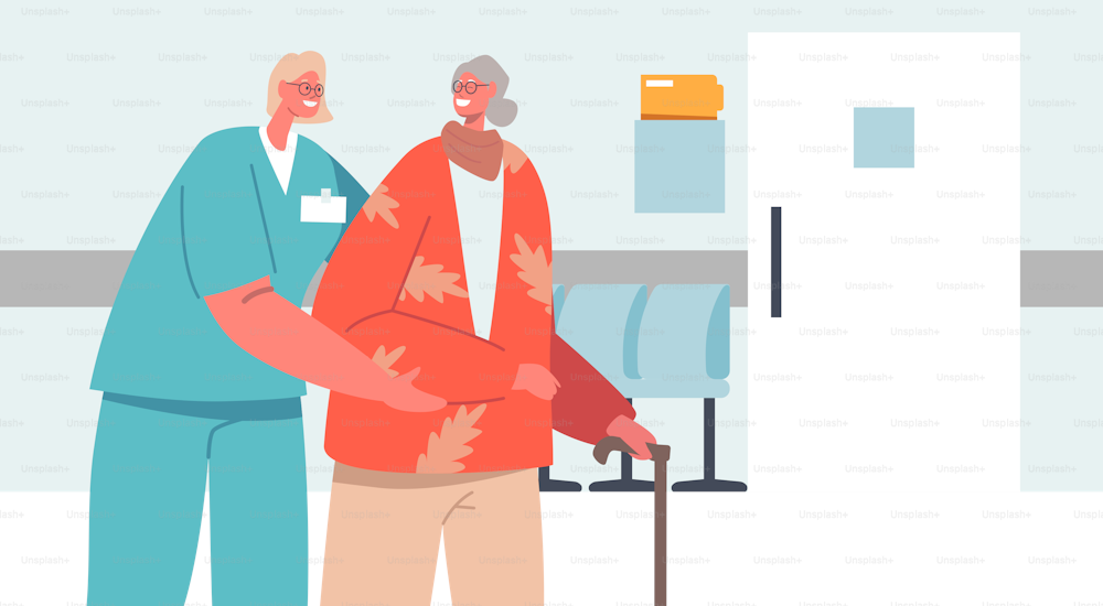 Concepto de Salud, Asistencia Médica y Atención a Personas Mayores. Enfermera joven o voluntaria ayuda a anciana con bastón para caminar en el pasillo de la clínica. Trabajador social de atención de ancianos enfermos. Ilustración vectorial de dibujos animados