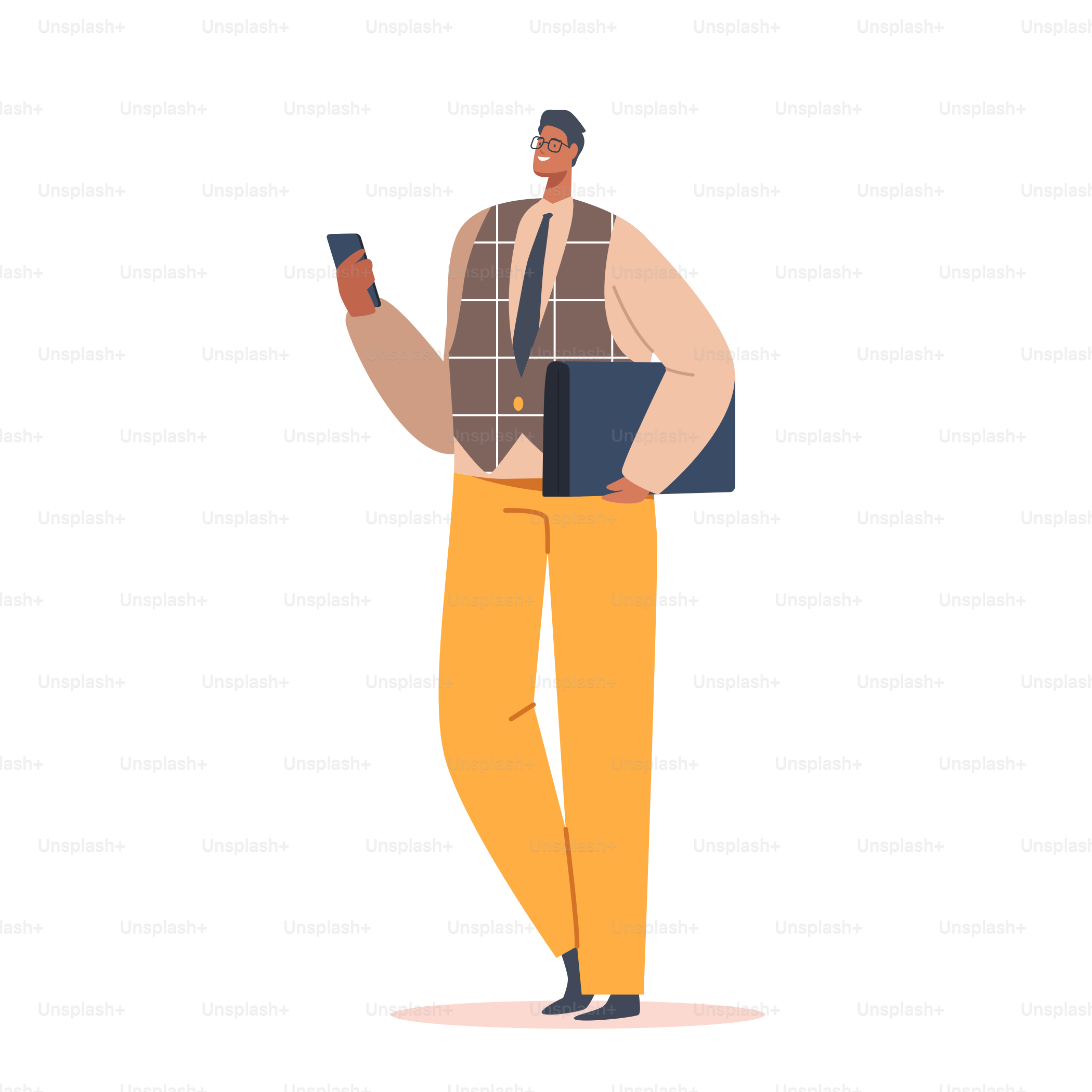 Uomo d'affari indiano o pakistano single con giacca marrone e pantaloni gialli, supporto con smartphone e cartella, uomo alla moda isolato su sfondo bianco. Illustrazione vettoriale di Personaggi dei Cartoni Animati