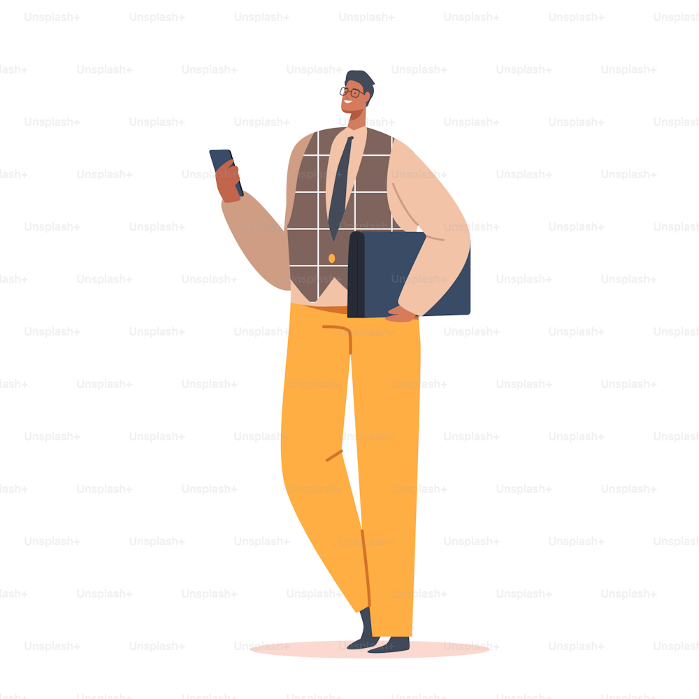 Único indiano ou paquistanês empresário personagem masculino usar blazer marrom e calças amarelas stand com smartphone e pasta, homem modelado isolado no fundo branco. Ilustração vetorial de pessoas dos desenhos animados