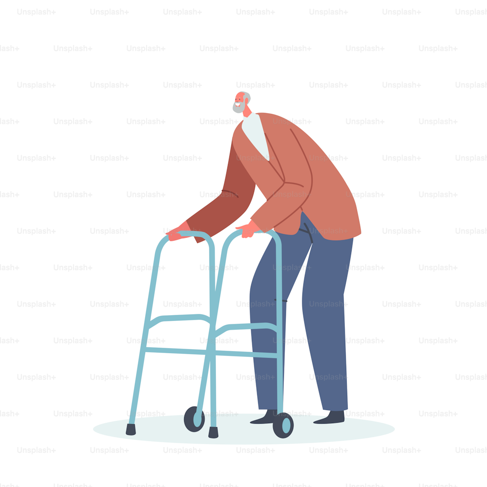Senior Man, Aged Grandfather Moving with Help of Front-wheeled Walker. Male Character Use Walking Frame Metal Tool for Elderly People Going Ability, Cheerful Pensioner. Cartoon Vector Illustration