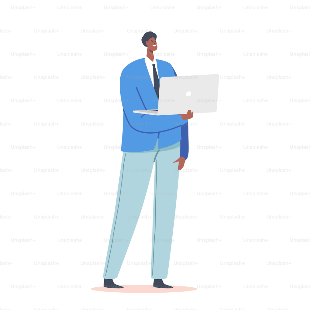 Indian or Pakistan Businessman Male Character Wear Blue Blazer and Pants Stand with Laptop in Hands, Single Fashioned Man Isolated on White Background. Cartoon People Vector Illustration
