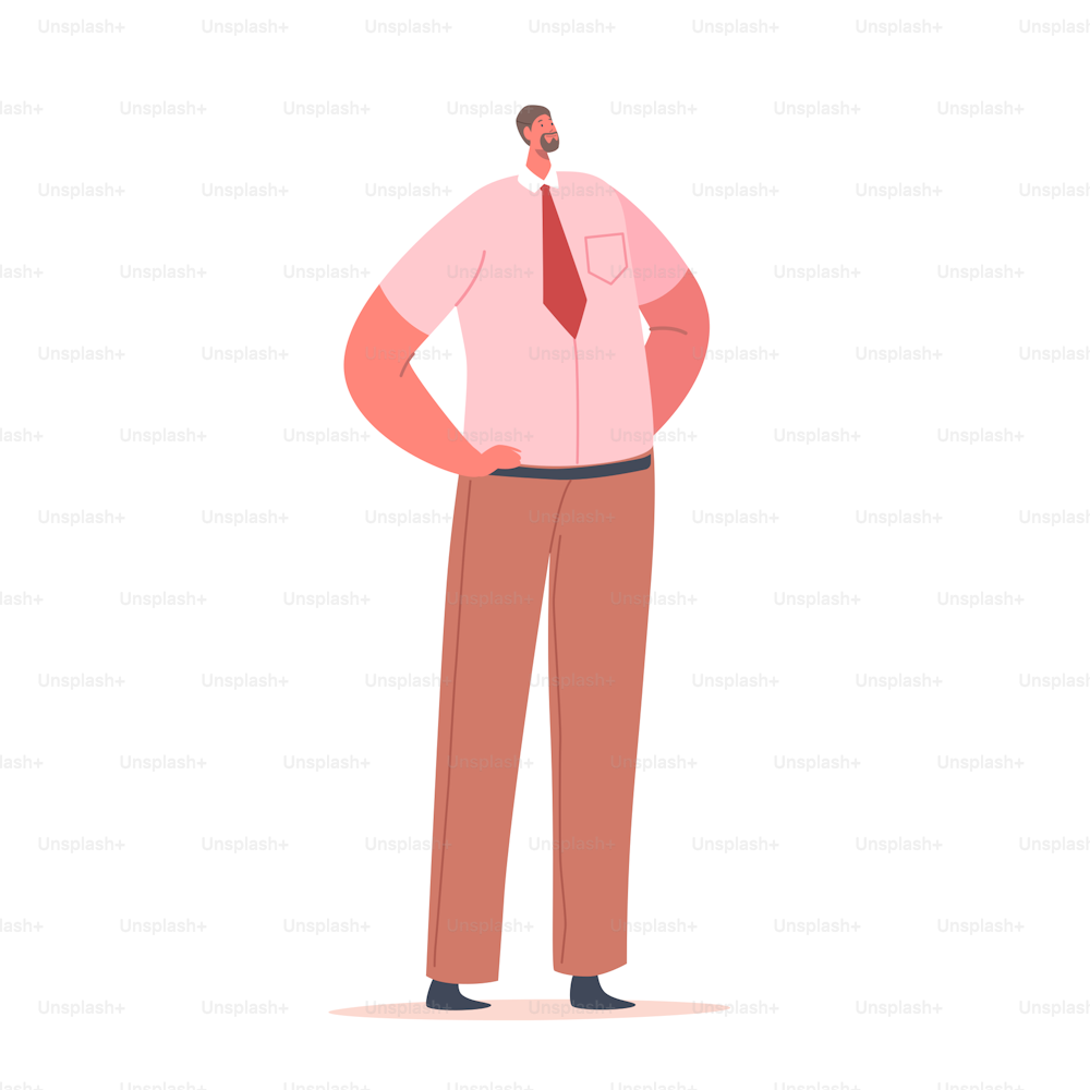 Personaje masculino en traje formal, hombre de negocios vestido camisa rosa, corbata y marrón y pantalones de pie con los brazos en kimbo, gerente de oficina soltero aislado sobre fondo blanco. Ilustración vectorial de Cartoon People
