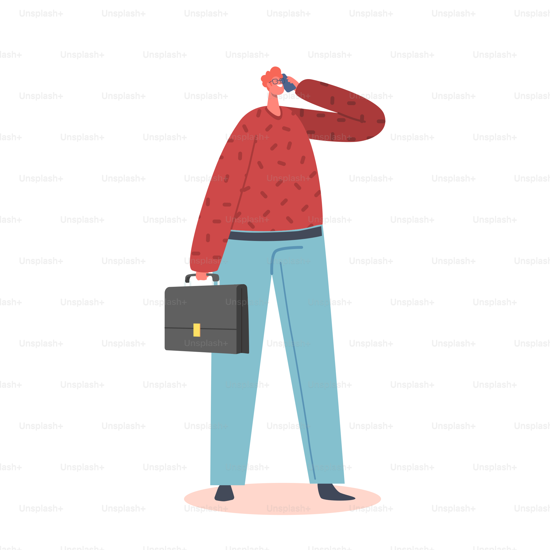 Business Man Wear Red Shirt and Blue Trousers Holding Briefcase Speak by Mobile Male Character in Casual Wear, Busy Fashioned Person Isolated on White Background. Cartoon People Vector Illustration