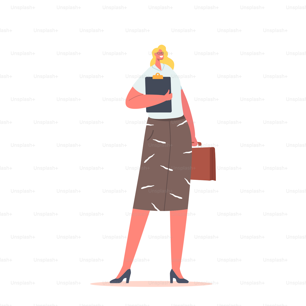 Businesswoman in Office Clothes with Clipboard. Female Character in White Formal Shirt and Skirt Isolated on White Background. Single Positive and Friendly Woman. Cartoon People Vector Illustration