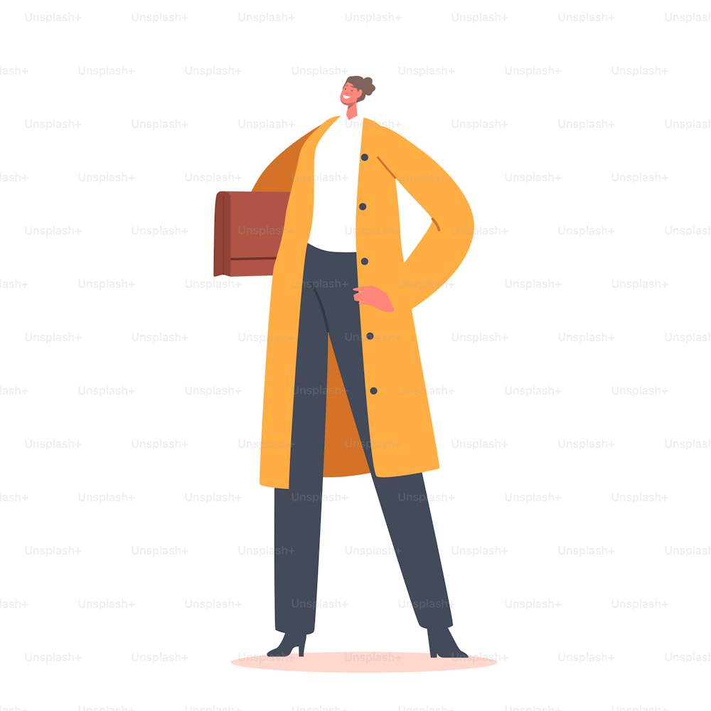 Businesswoman in Yellow Cloak, Female Character Wear Trendy Dress Holding Briefcase in Hands Isolated on White Background. Positive Confident Single Woman, Boss. Cartoon People Vector Illustration