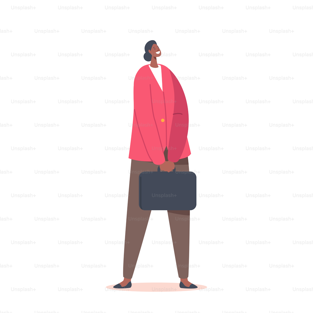 Donna d'affari africana personaggio indossa costume formale tenendo valigetta isolata su sfondo bianco. Fiducioso impiegato sorridente, manager, allenatore o insegnante. Illustrazione vettoriale delle persone del fumetto