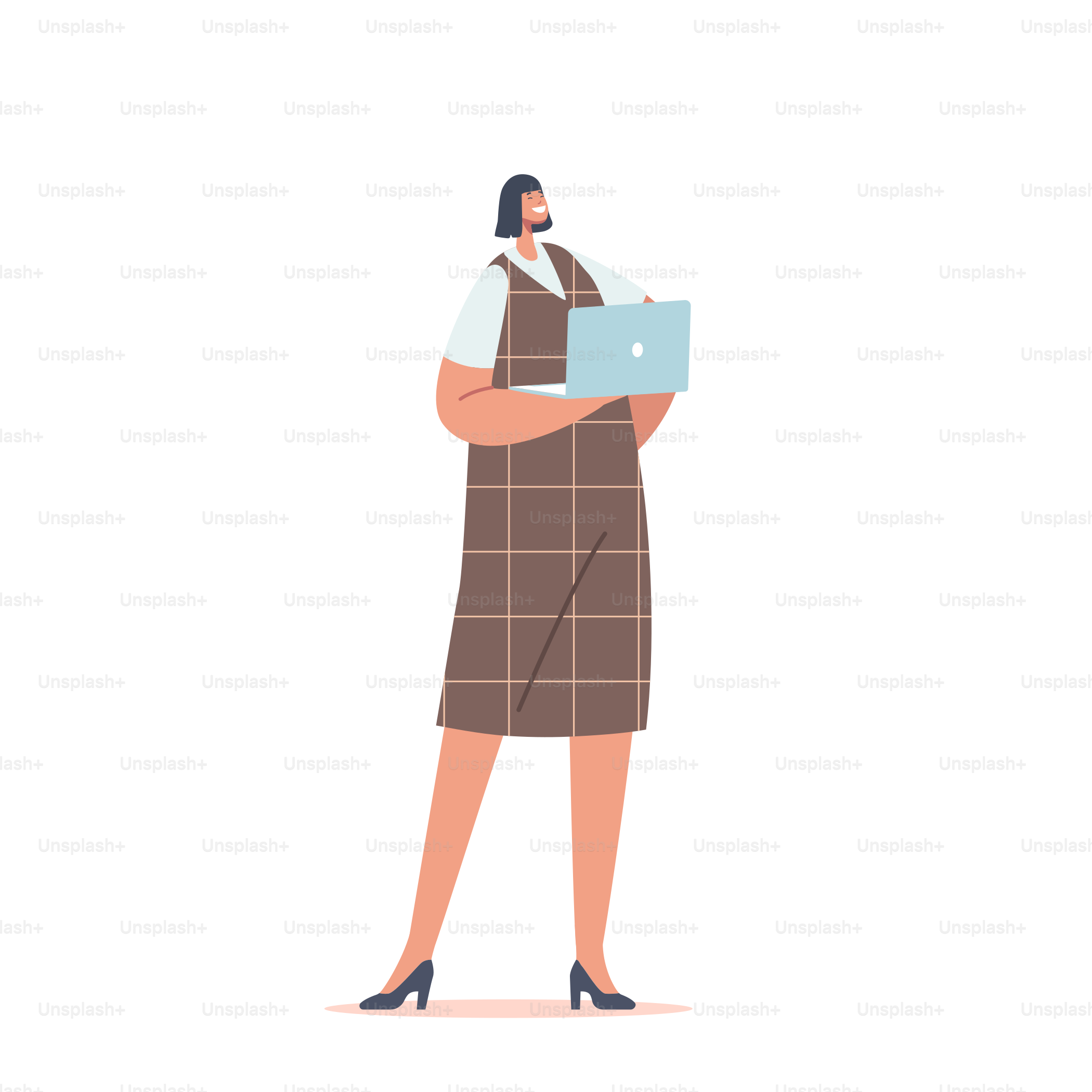 Stylish Asian Business Woman Wearing Fashioned Formal Outfits Stand with Laptop. Young Female Character in Modern Casual Dress Isolated on White Background. Cartoon People Vector Illustration