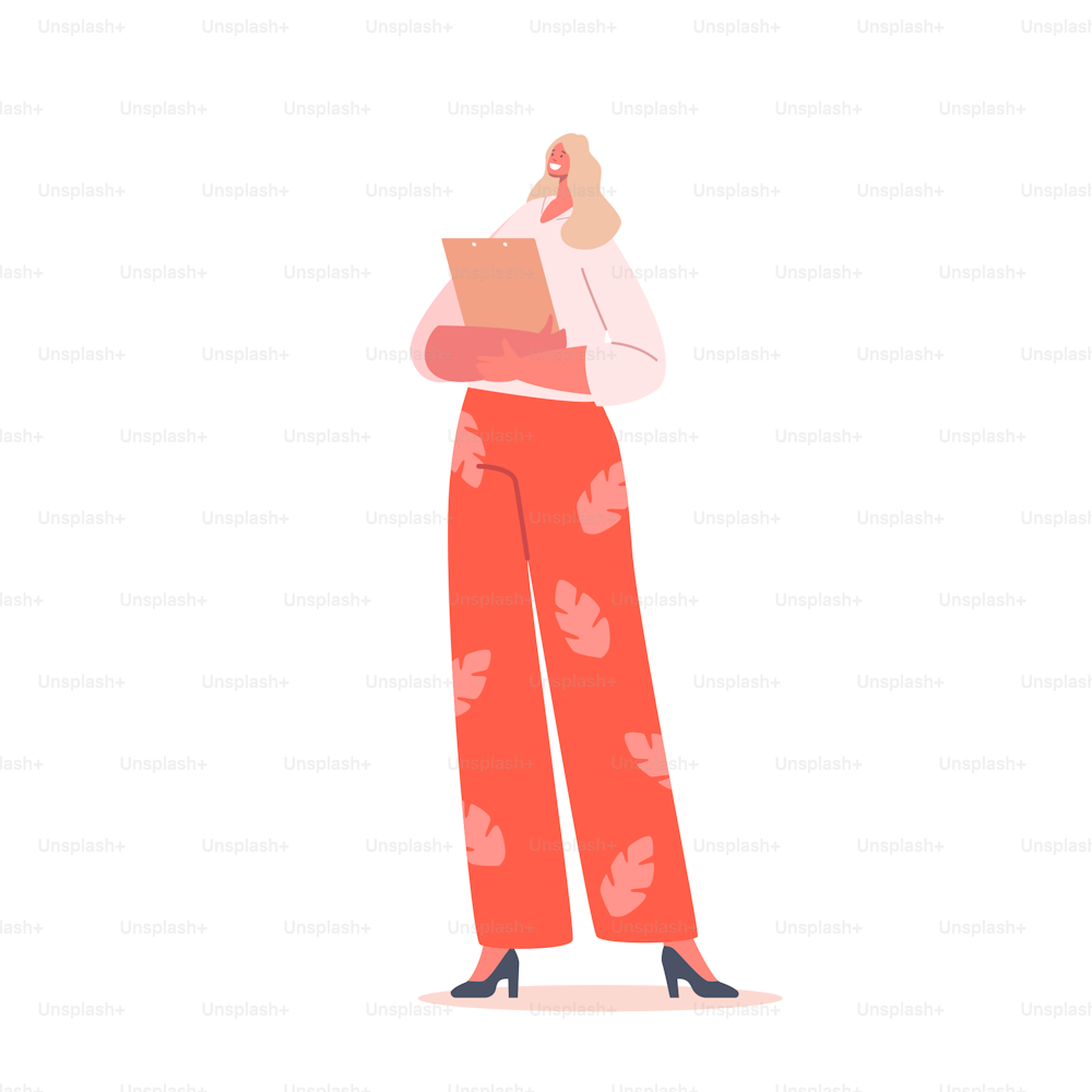 Elegant Businesswoman in Casual Clothes with Clipboard in Hands. Female Character in Shirt and Red Pants Isolated on White Background. Positive Single Woman. Cartoon People Vector Illustration