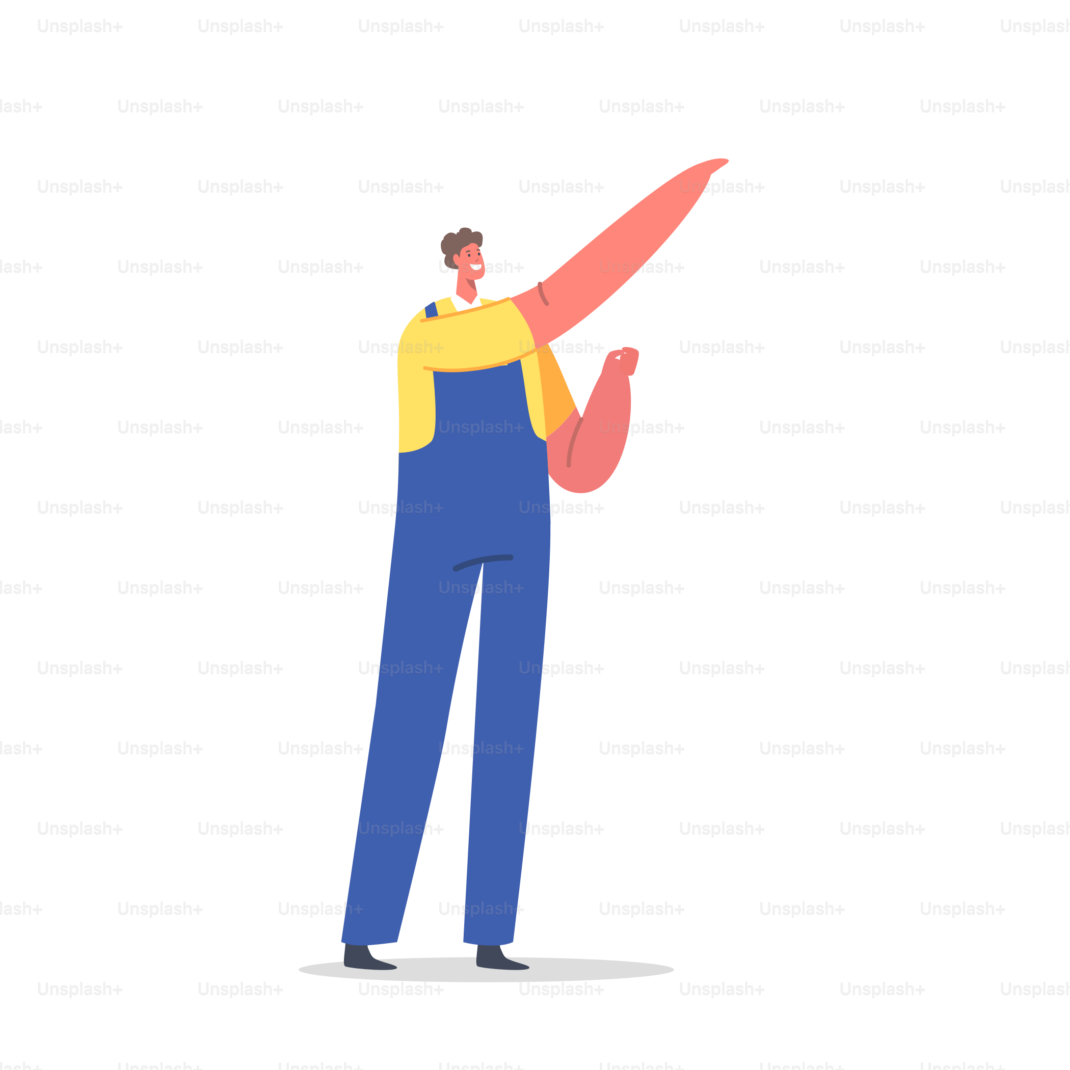 Garage Worker Male Character Wear Blue Overalls Isolated on White Background. Vehicle Maintenance Staff, Young Man in Uniform Pointing with Hand. Cartoon People Vector Illustration