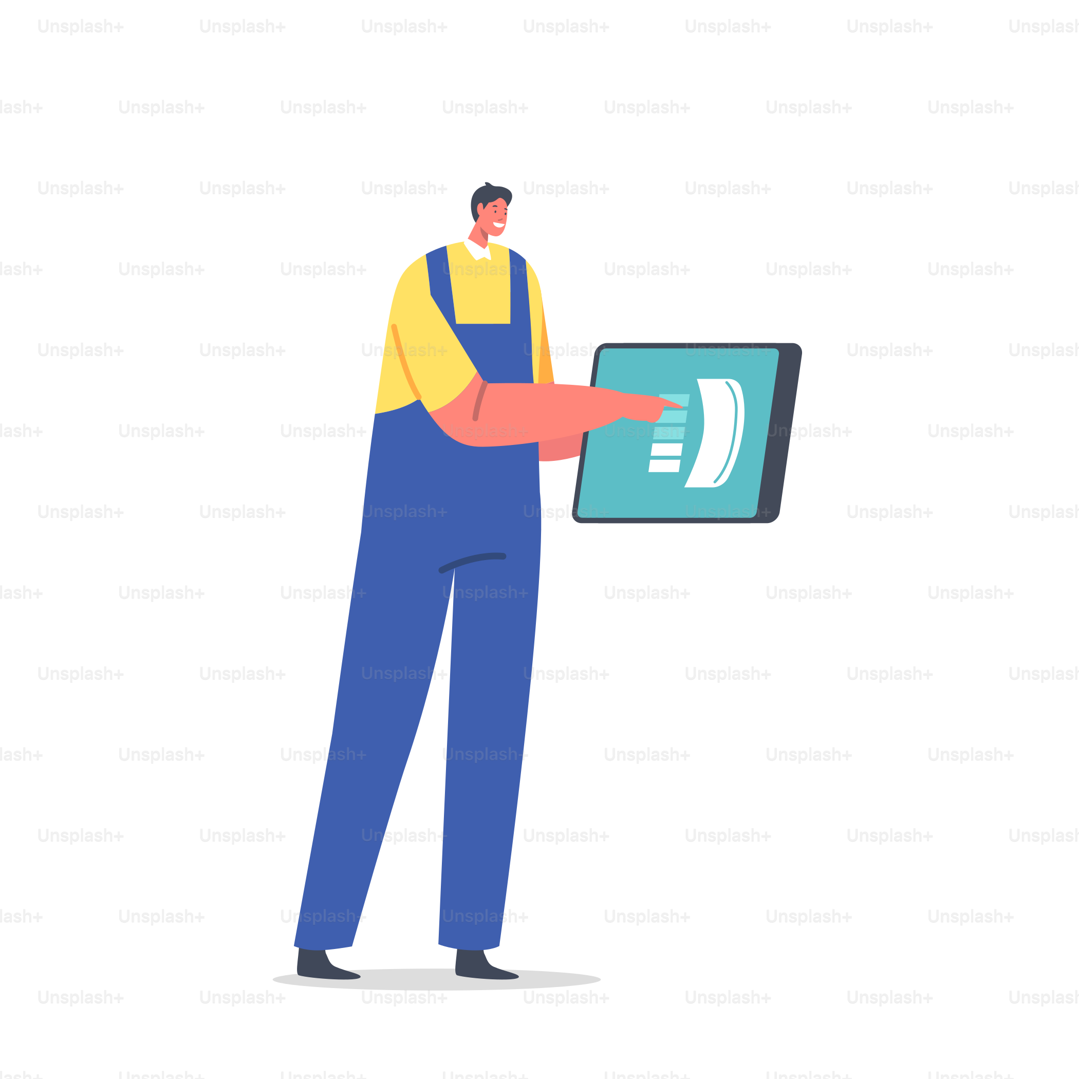 Car Maintenance or Fixing Service. Mechanic Character Dressed in Blue Overalls Holding Device for Car Repair, Staff with Technical Device for Checking Auto. Cartoon People Vector Illustration