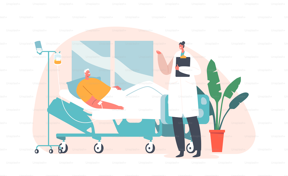 Old Man in Hospital Room Apply Dropper, Health Care Medical Concept. Senior Male Patient Character Resting in Bed, Doctor Visiting Older Person in Clinic Ward. Cartoon People Vector Illustration