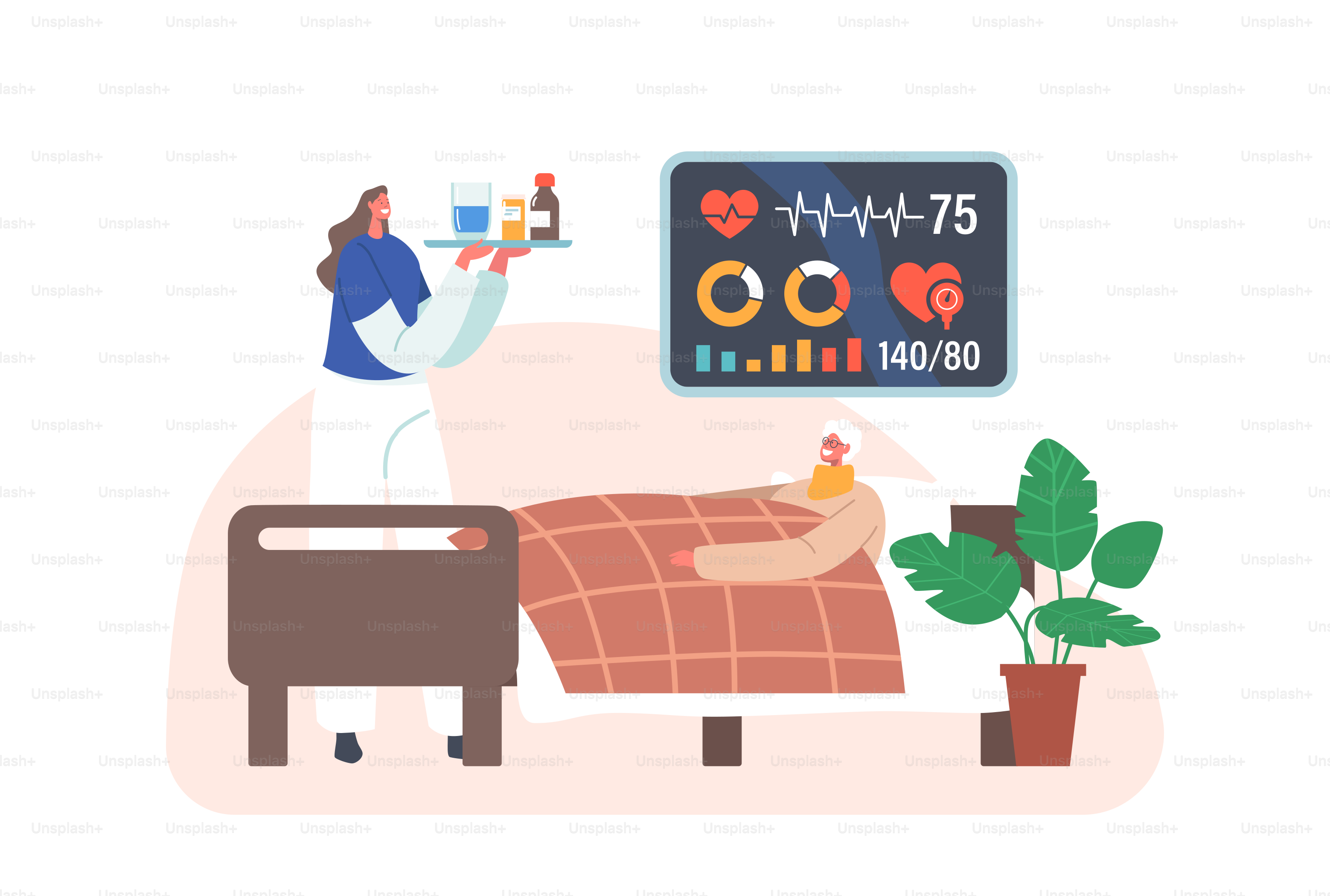 Freundliche Krankenschwester bringt Medikamentenpillen zu einer alten Frau, die im Krankenzimmer liegt, medizinisches Konzept. Senior-Patient Charakter ruht im Bett auf der Klinikstation. Cartoon People Vektorillustration