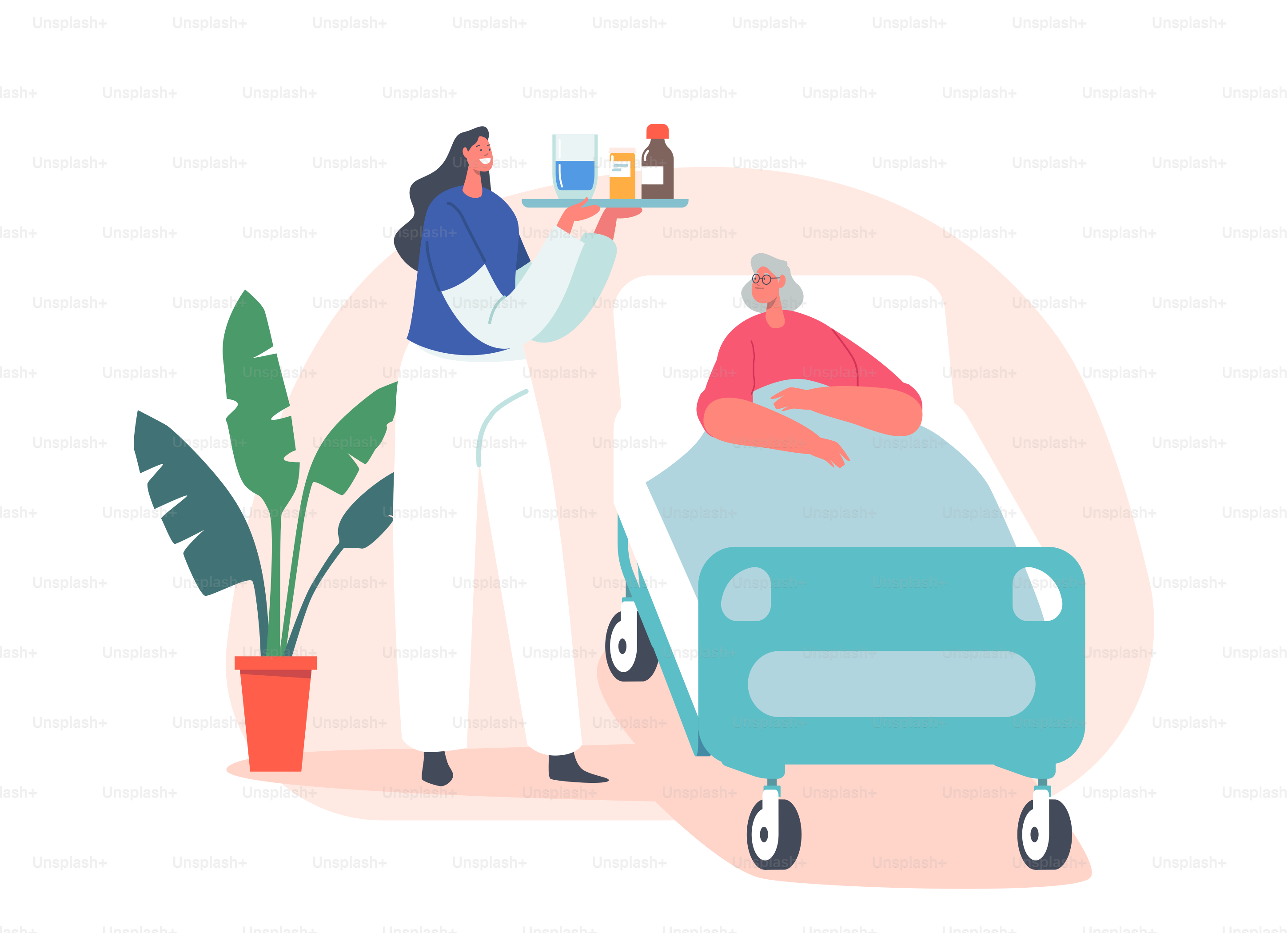 Health Care Medical Staff Nurse Bringing Medicine Pills to Old Woman Lying in Hospital Bed, Senior Patient Female Character Lying in Clinic Ward for Treatment. Cartoon People Vector Illustration